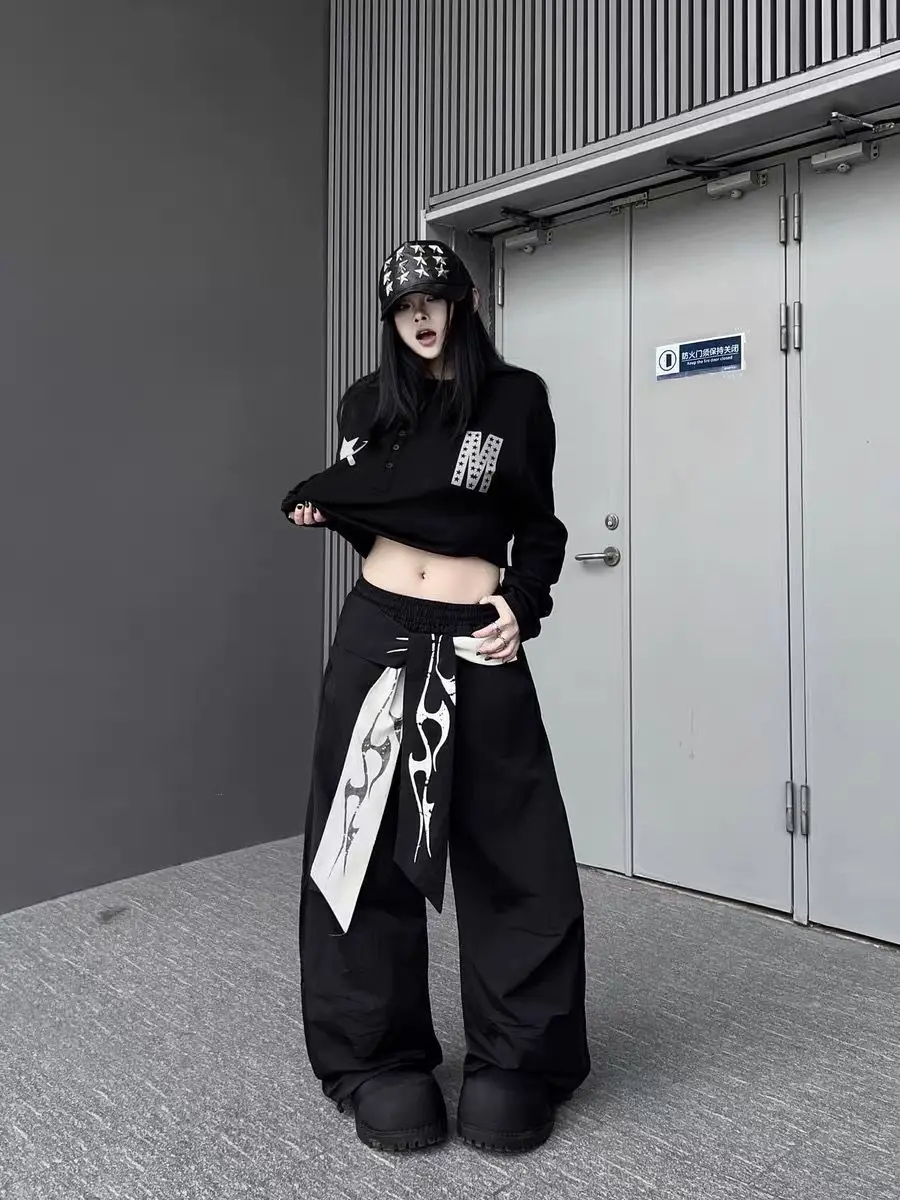 Women's Flame Printed Strap Design Pants Vintage Sports Hip-hop Wide-leg Bottoms High-waisted Trousers Female Summer Sweatpants