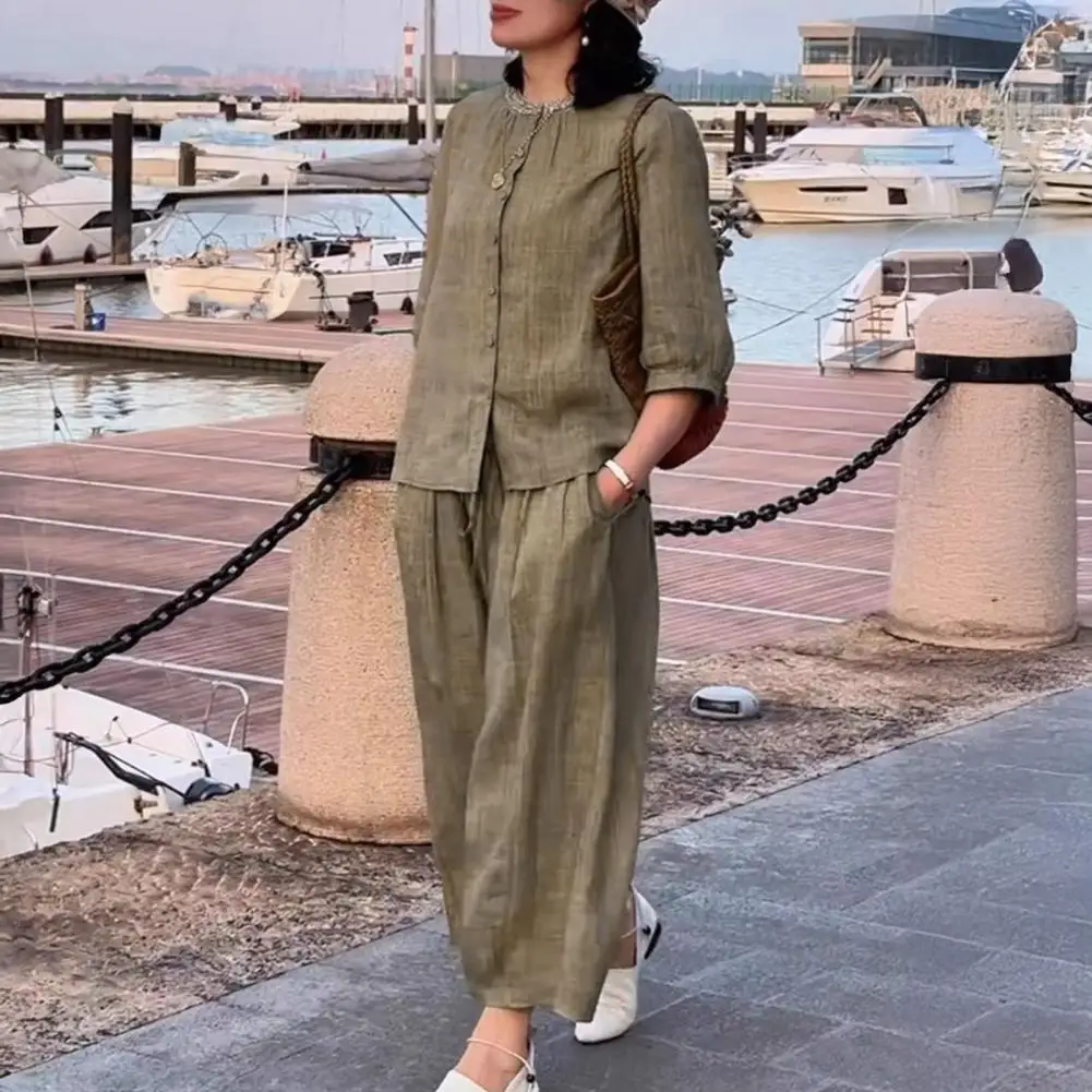 Spring Summer Women Suit Women’s Cotton Linen Two-piece Set Button-down Short Sleeve Top Wide Leg Pants Lounge Outfit