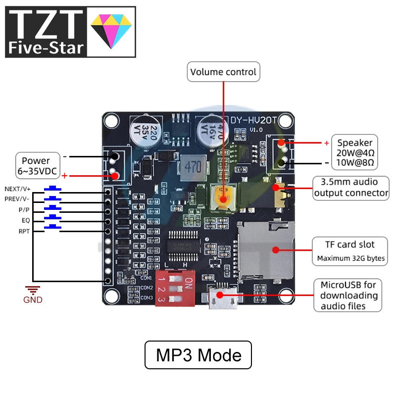 DY-HV20T 12V/24V power supply10W/20W Voice playback module supporting Micro SD card MP3 music player for Arduino