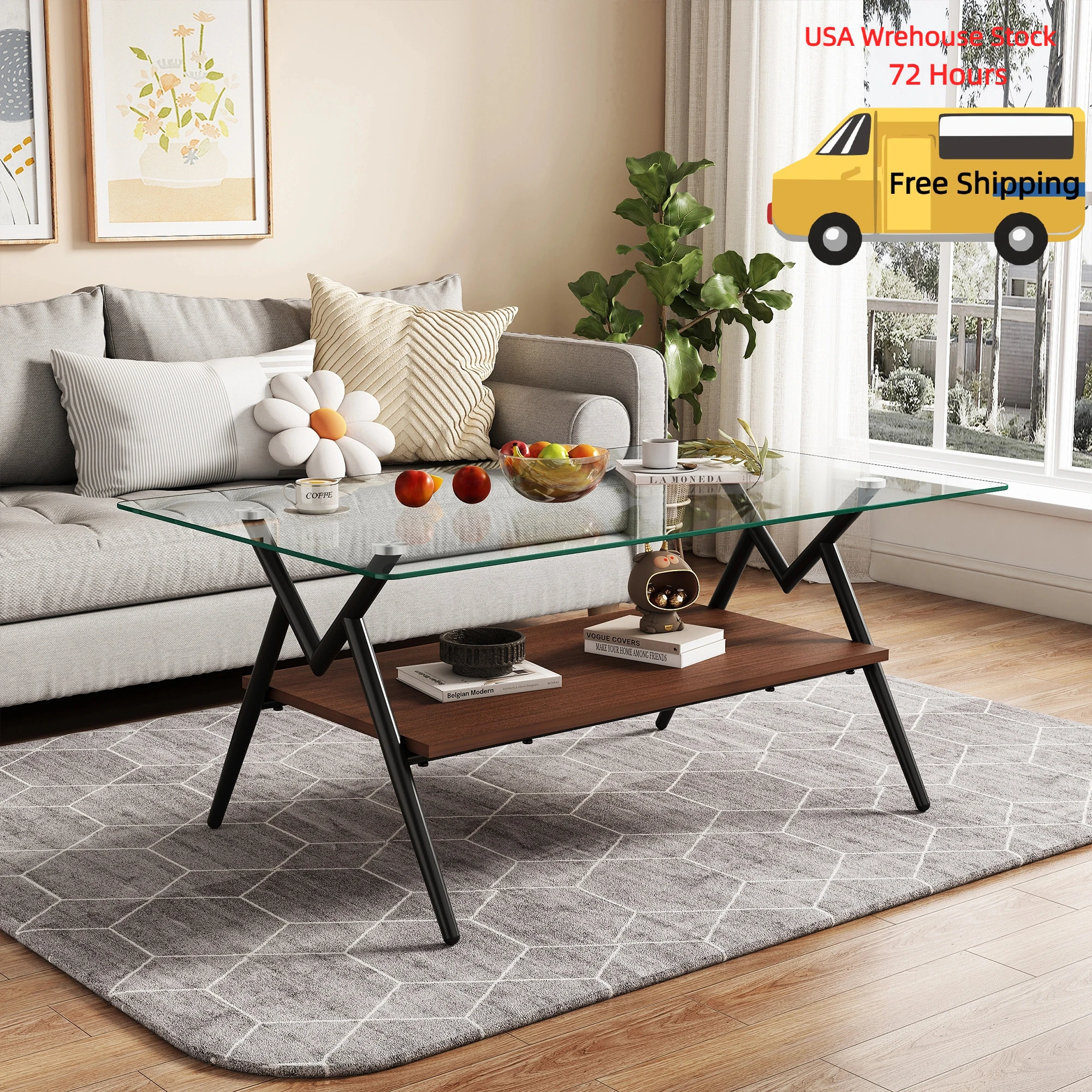 New Rectangle Modern Coffee Table Tempered Glass Top and Metal Legs Modern Table for Living Room Furniture