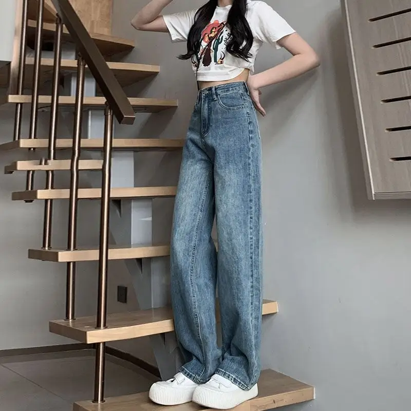 Damskie w stylu Harajuku luźne dżinsy z szeroką nogawką moda uliczna Retro proste spodnie luźny dżins jeansy z wysokim stanem