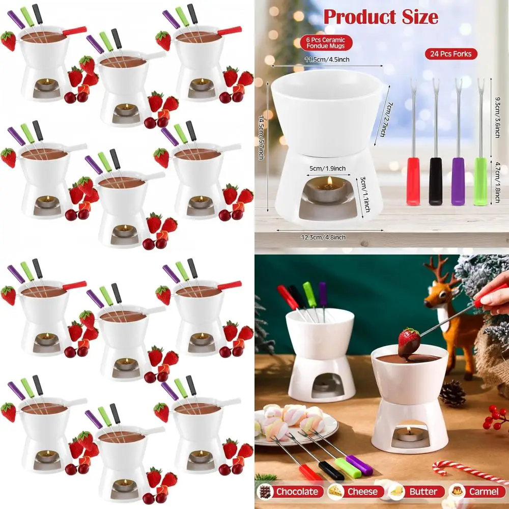 

Керамический набор фондю из 6 предметов с 24 вилками для шоколада, сыра и тестов - белый