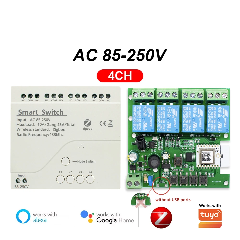 Zigbee 1 2 4 Gang Schalter-Relaismodul DC 12V 24V 220V Trockenkontakt 4CH DIN-Schienen-Controller Kompatibel mit Tuya Alexa Gateway Erforderlich
