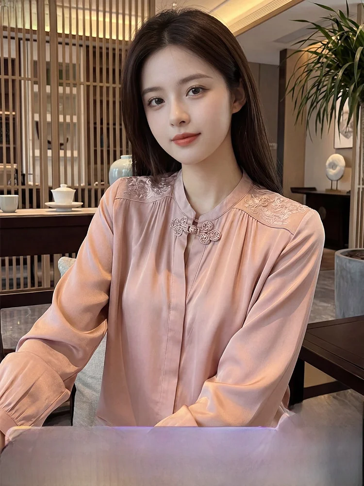 

Silk Embroidered Women's irt New Chinese Sle Spring 2026 Faionable Straight Cut Long Sve Breathable Comfortable Top