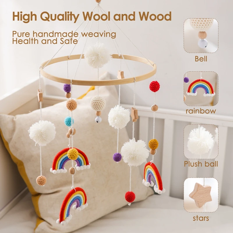 Baby Rattle Toys Crib Mobile Wooden Bed Bell Rattle Toy Rainbow Shape 0-12Month Newborn Crib Bed Holder Brackets Toys Baby Gifts