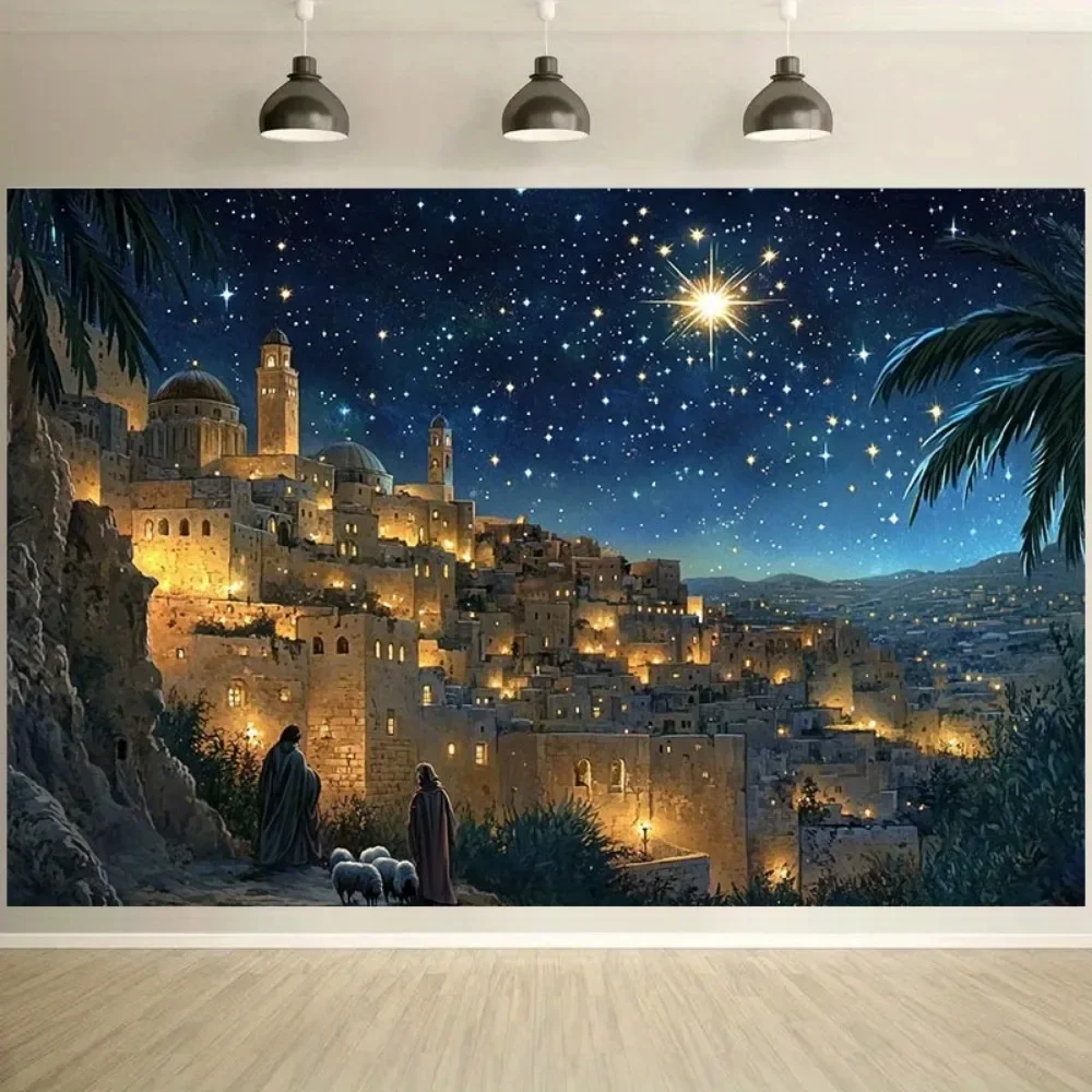 Starry Night Bethlehem Town Hanging Tapestry, High-Definition Nativity Scene Wall Decor for Christmas and Holiday Party Backdrop
