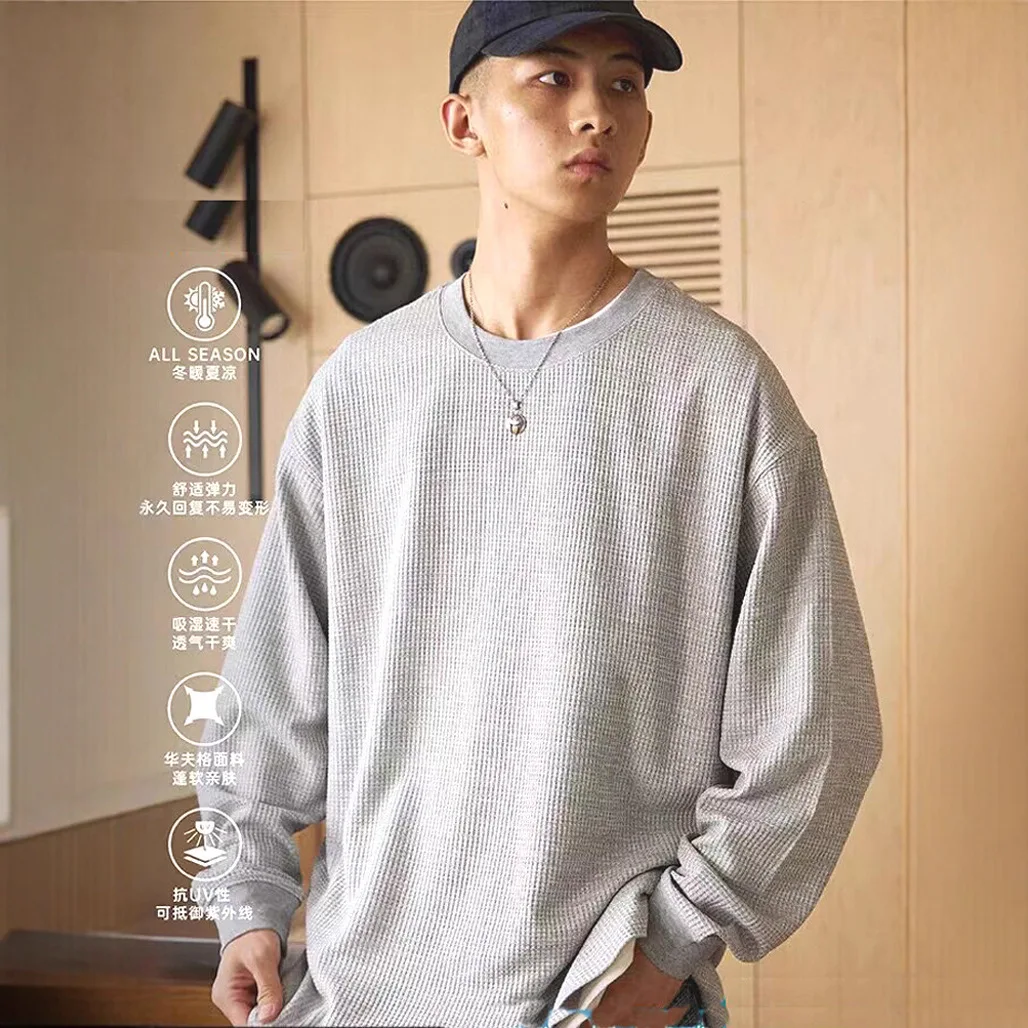 Waffle Small Collar Long Sleeve T-Shirt Men's Split Hem Loose Fitted Cuff Textured Casual Top