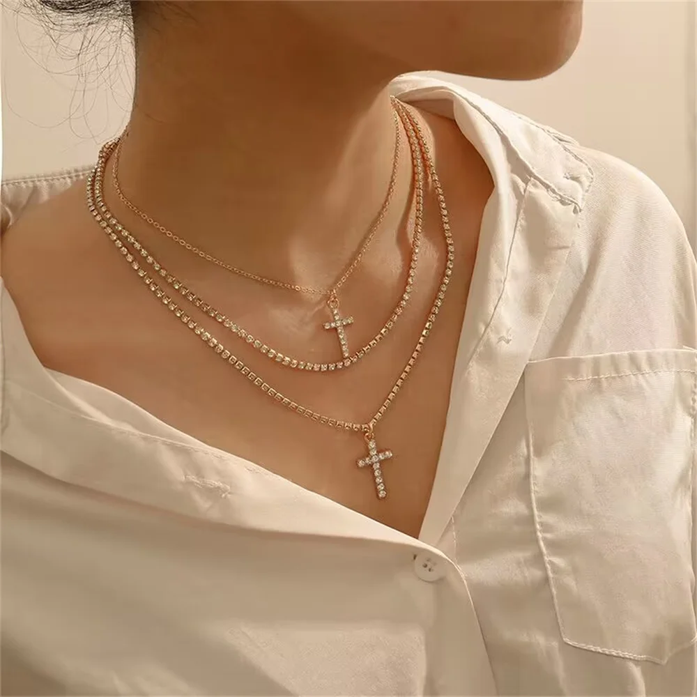 Fashion Gold-plate Artificial Pearl Chain Crystal Star Cross Sequin Pendant Necklace For Women Female Vintage Multilevel Jewelry