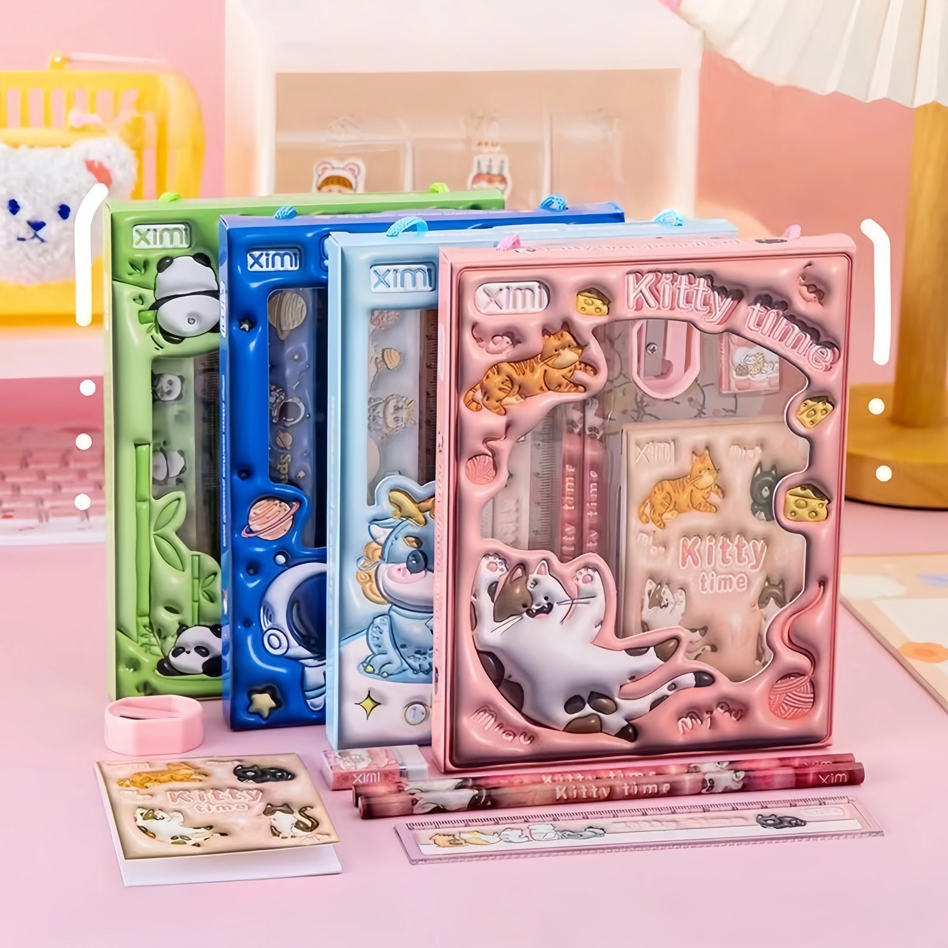 Blue/Pink 6-in-1 Learning Set, including 2 pencils, pencil sharpener, eraser, ruler, and notebook. Suitable for students to writ