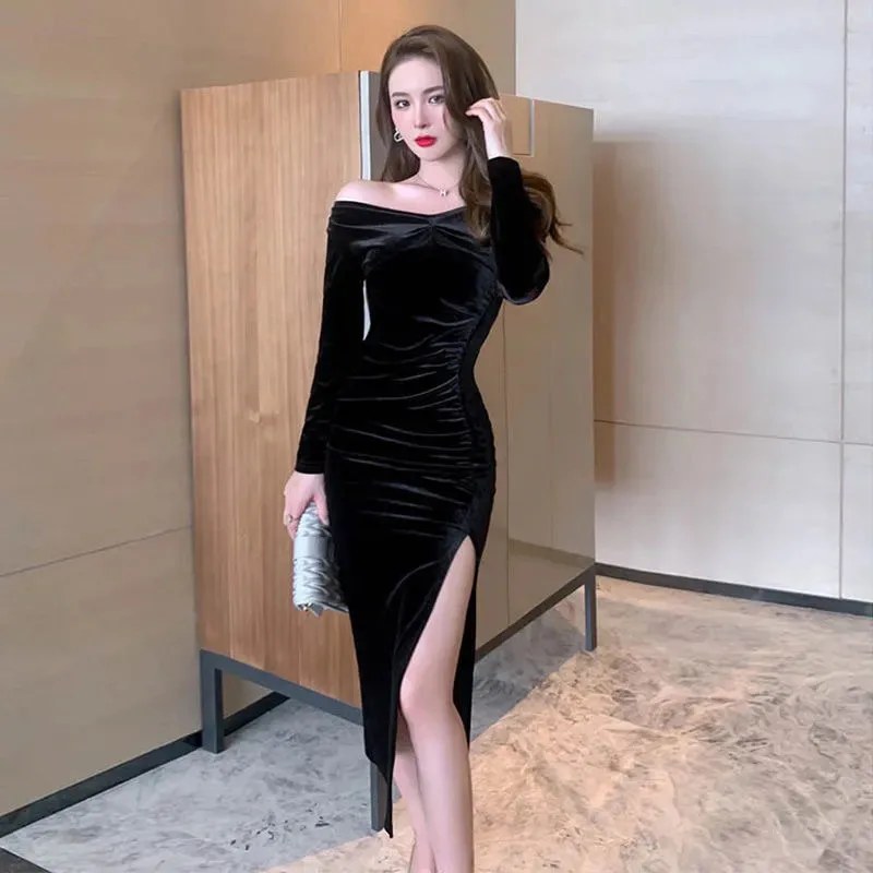 New Western Style Goddess Temperament Word Waist-Controlled Slimming Fashion inside outside Wear Long Sleeve Pleuche Dress