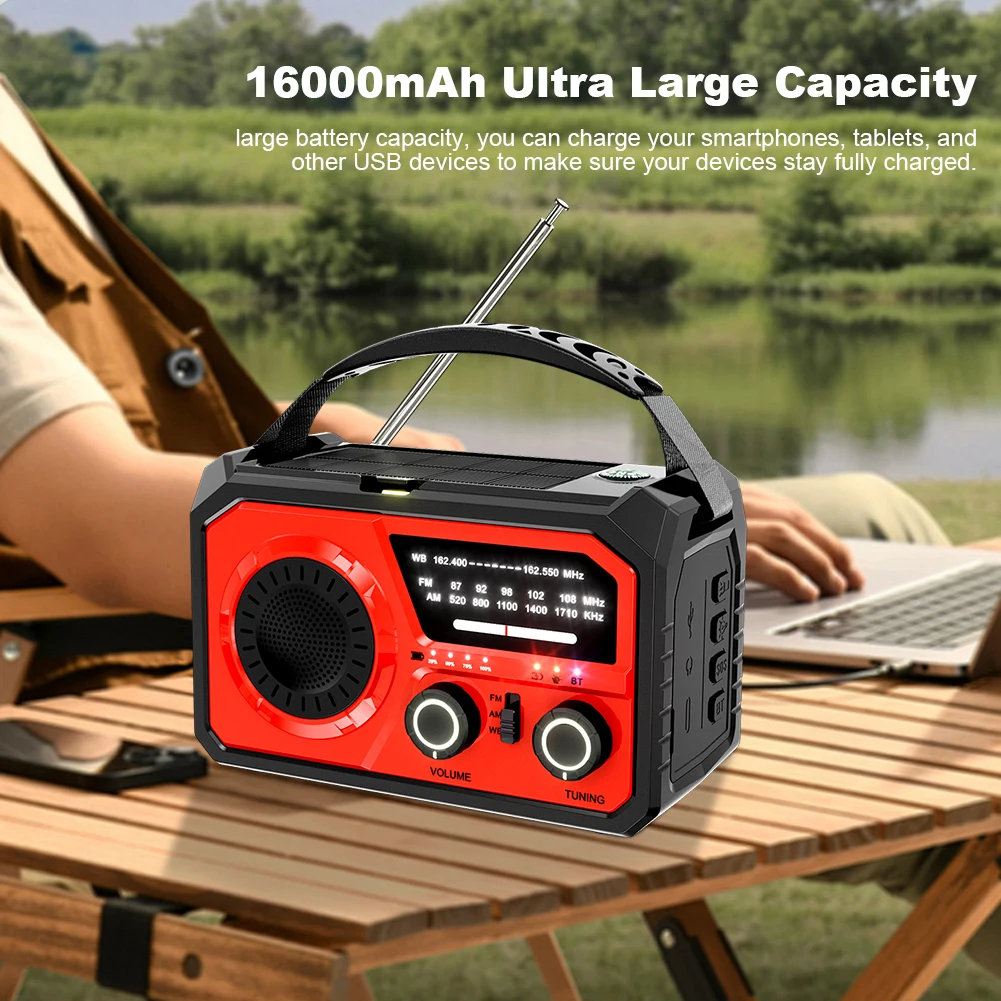 16000mAh AM/FM/WB NOAA Emergency Weather Radio Hand Crank/Solar/Type-C Charging Survival Radio SOS Alarm for Outdoor Emergencies