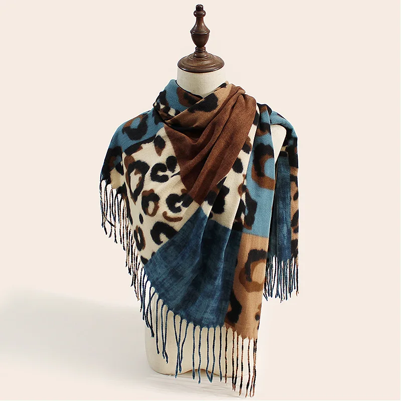 Chic Leopard Print Color Block Pashmina Scarf - Faux Cashmere, Warm & Windproof Shawl for Women, Machine Washable Thick Stole