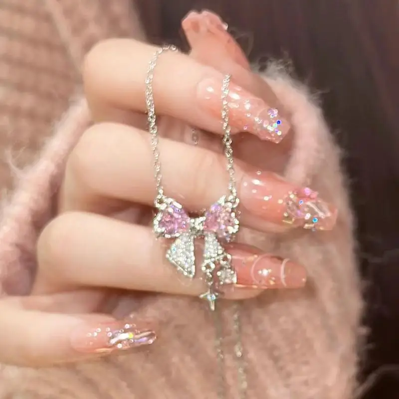 Korea New Design Bowknot Pink Zircon Cross Pendant Necklaces Fashion Temperament Clavicle Chain for Women Trendy Party Jewelry