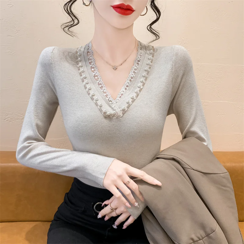 เสื้อถักทรงเข้ารูป แต่งระบาย คอวี ประดับลูกปัด แขนยาว สำหรับผู้หญิง แฟชั่นฤดูใบไม้ร่วงและฤดูหนาว ใส่เป็นเสื้อตัวในได้