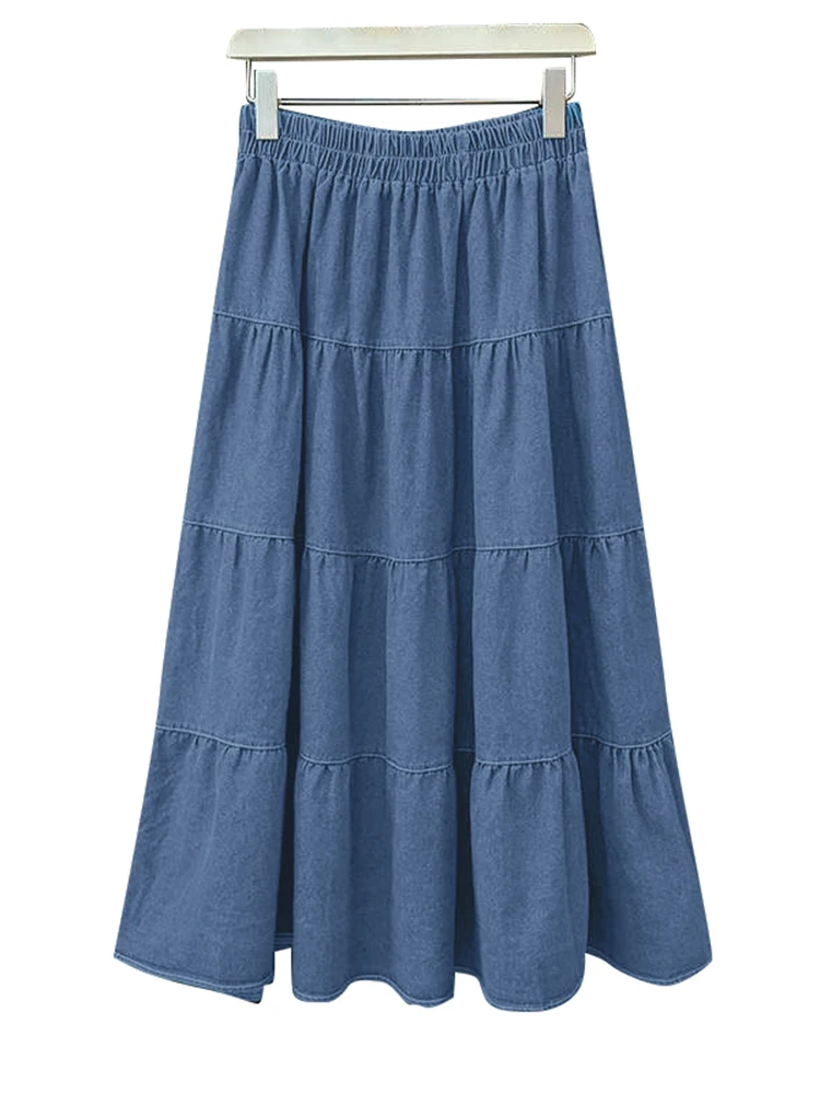 ZANZEA Vintage Women Skirts Autumn Spring Pleated Long Overskirts OL Work Solid Denim Style Skirt Ruffles Hem A-line Faldas Saia