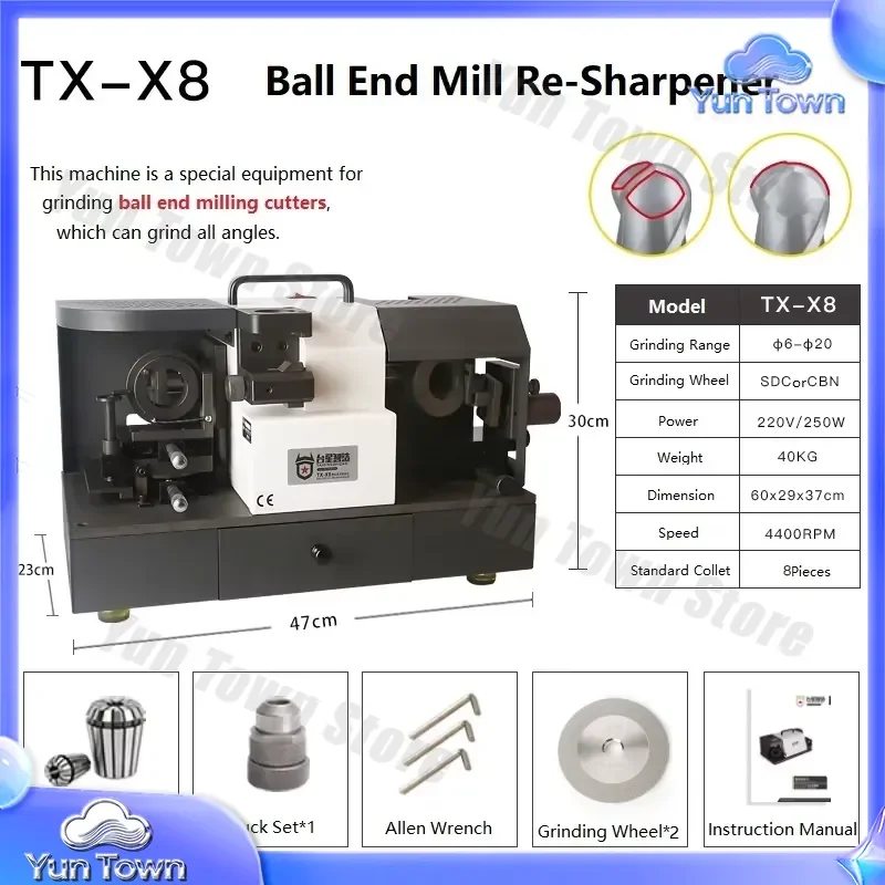TXMC X8 6-20mm Special Precise Ball Nose End Mill Sharpener for CNC Router Grinding Machine for Woodworking Metal Milling