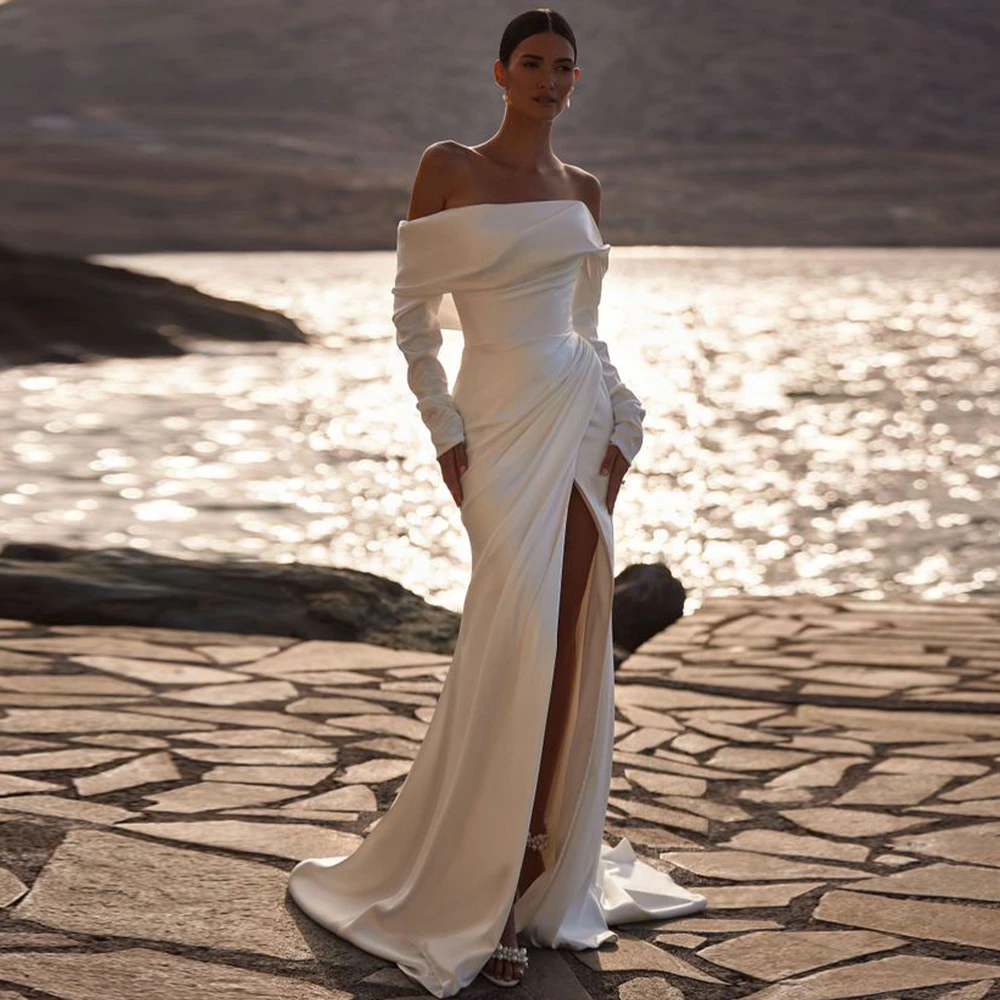 

Customized Soft White Satin Wedding Dress Formal Boat Neck Long Sleeves Bridal Gowns Soft Mermaid Court Train Vestido De Novia