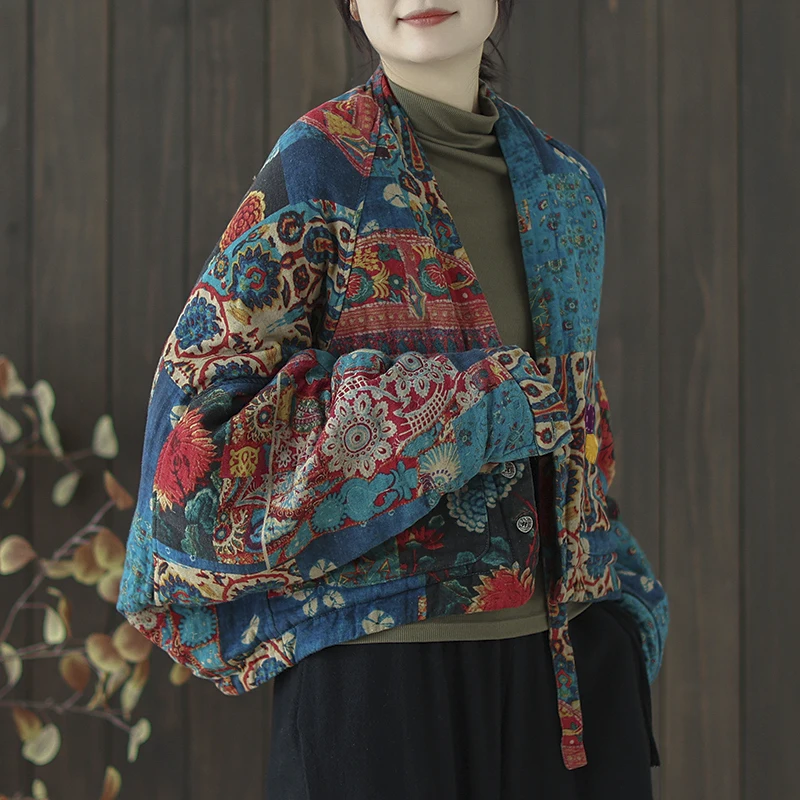 Retro Winter Thickened Short Cotton Jacket Printed Linen Mixed Cotton Outerwear Women's Trendy Cotton Clothes Street Style