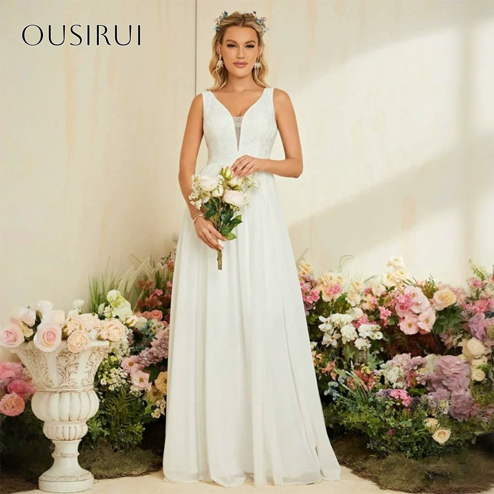 

Lace A-line Wedding Dresses Sleeveless Chiffon Floor Length Pleated Customized Bridal Gowns vestido de noiva