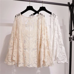 Hollow Out Crochet Mesh Lace Shirts Cardigan Women Holiday Beach Long Sleeve Cover-Up Coat Korean Style Sweet Beige White Top