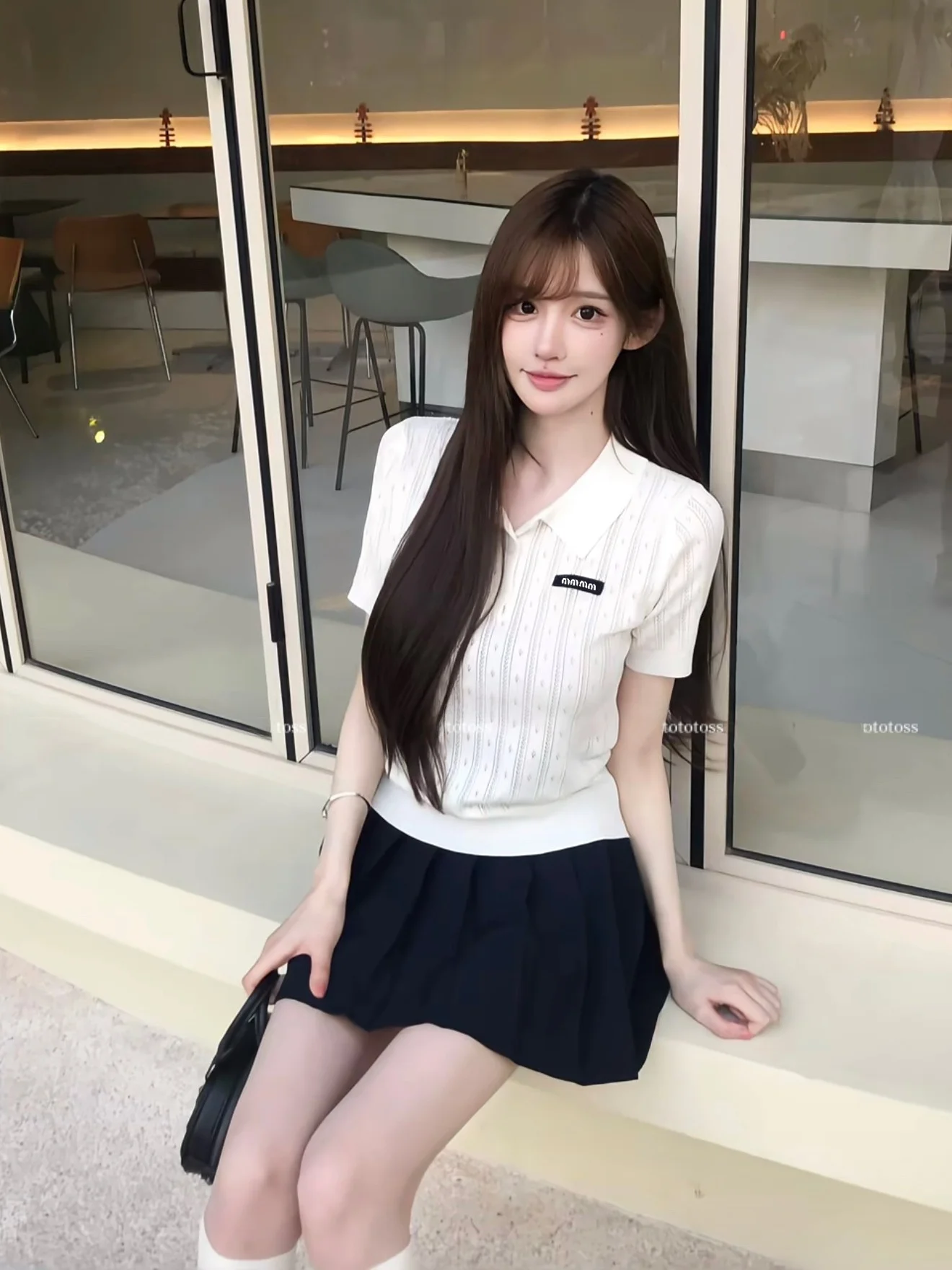 

Seoul Limited Edition Neck Knitted Short Sleeve T-Shirt High Waist Pleated Skirt Women's Fashion College Style Slim...