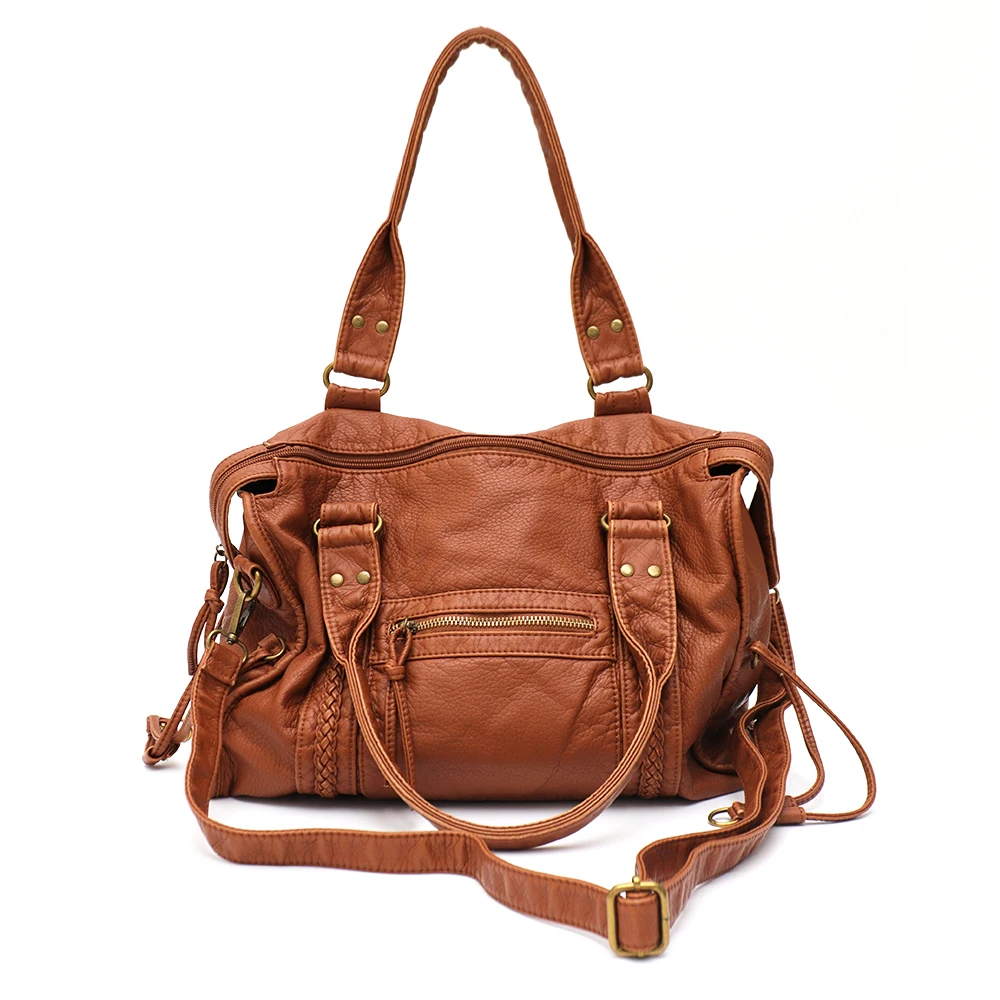 Vintage gewaschenes PU-Leder, große Kapazität, Reißverschlusstaschen, geflochtenes Dekor, Schultertasche, Umhängetasche, Unisex, Damen, tägliche Reisehandtasche