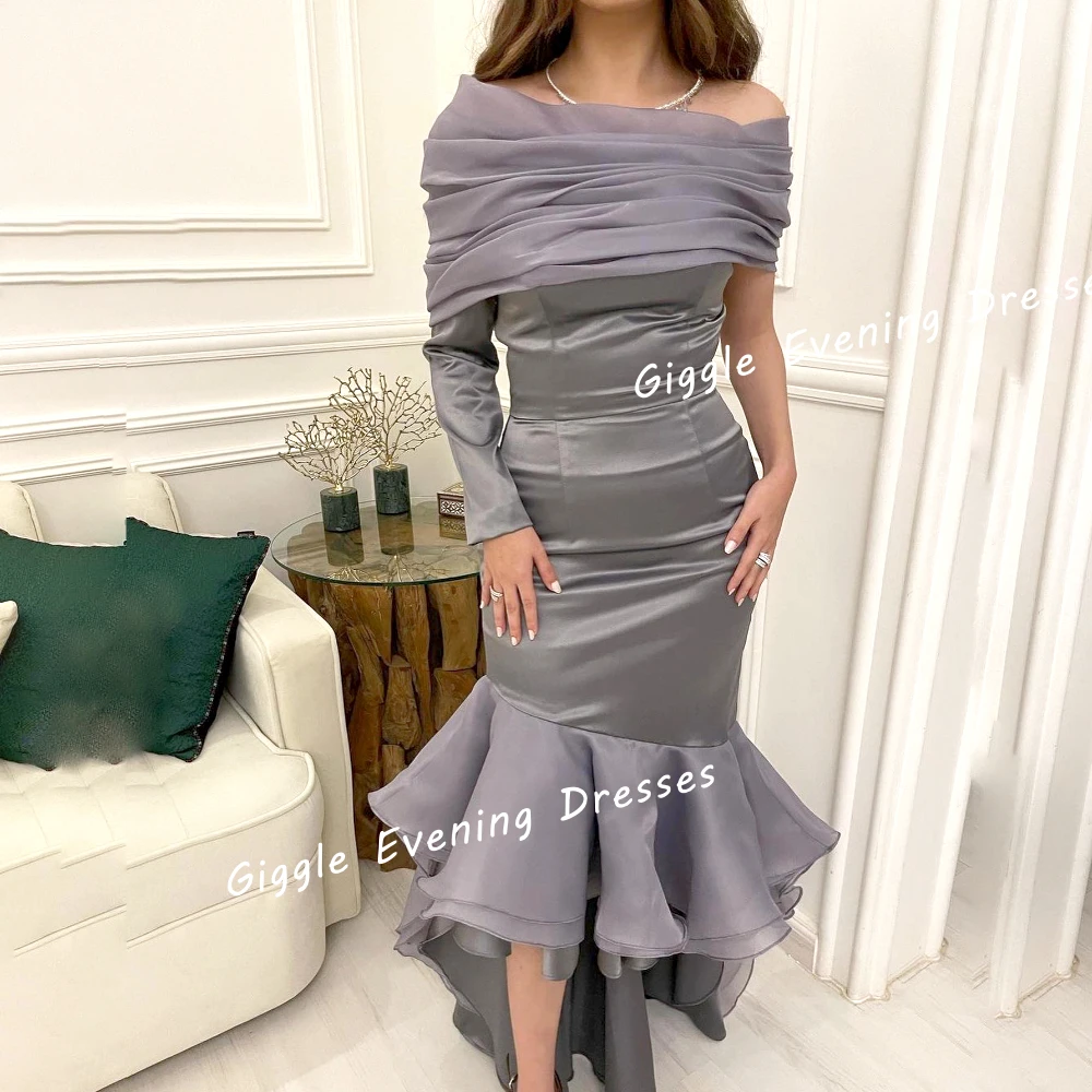 

Giggle Satin Pleating Close-Fitting Prom Gown Saudi Arab Elegance Boat-Neck Ankle-Length Evening Party Dresses for Women 2024