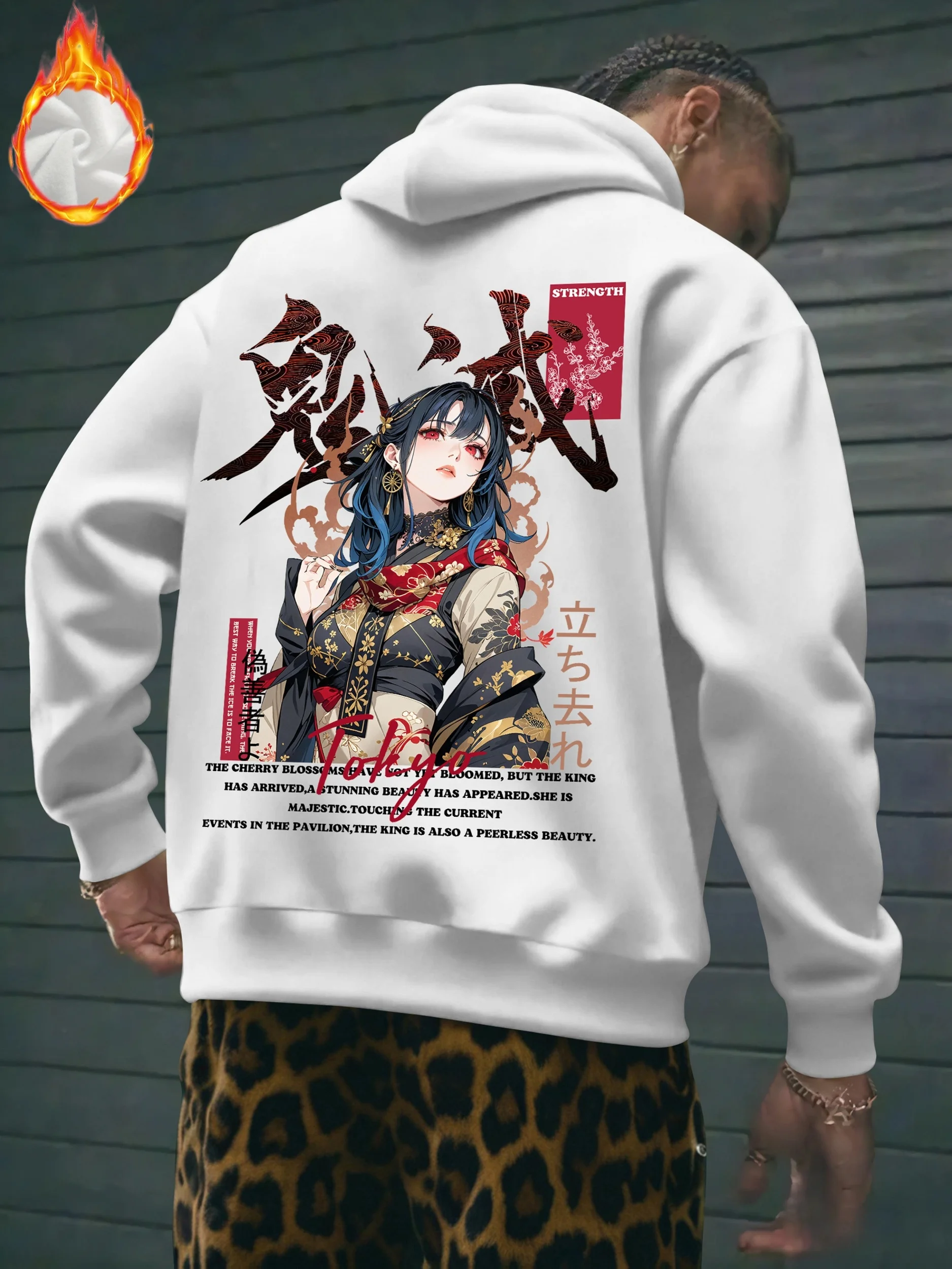 Cyber and Feng Men's Loose Hooded Sweatshirt with Anime Print - Unique Japanese Trendy Casual Warmth Hooded Sweatshirt