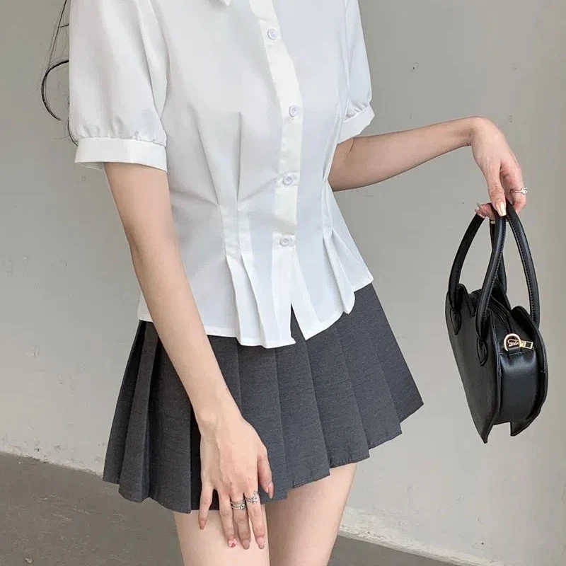 Summer Preppy Style Women\'s Clothing Short Sleeve Turn-down Collar Cardigan Casual Shirt Elegant Solid Color All-match Tops