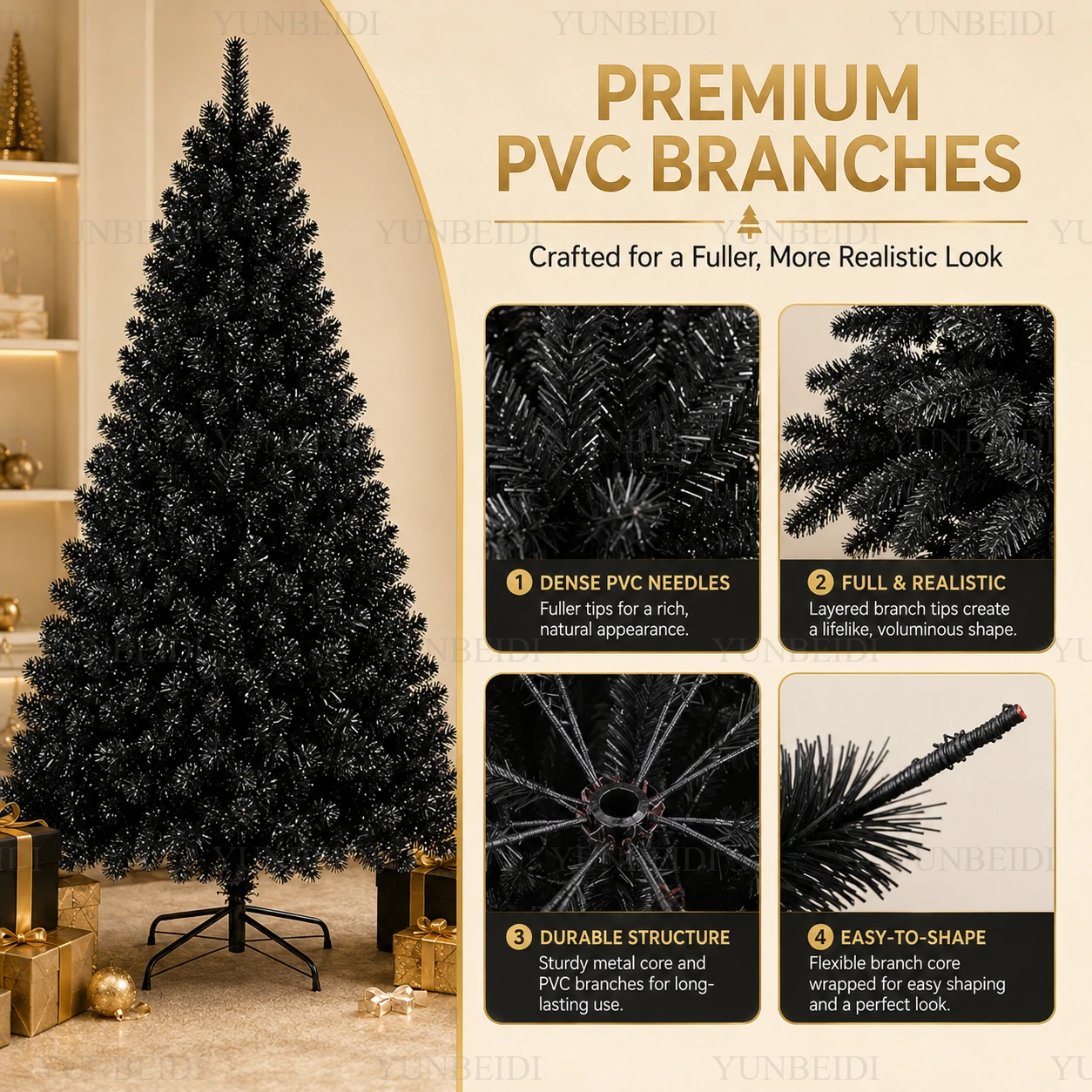 Künstlicher schwarzer Weihnachtsbaum mit PVC-Zweigen, stabilem Eisenständer, USB-warmen LED-Lichterketten, luxuriöse Weihnachtsdekoration für Zuhause und Party.