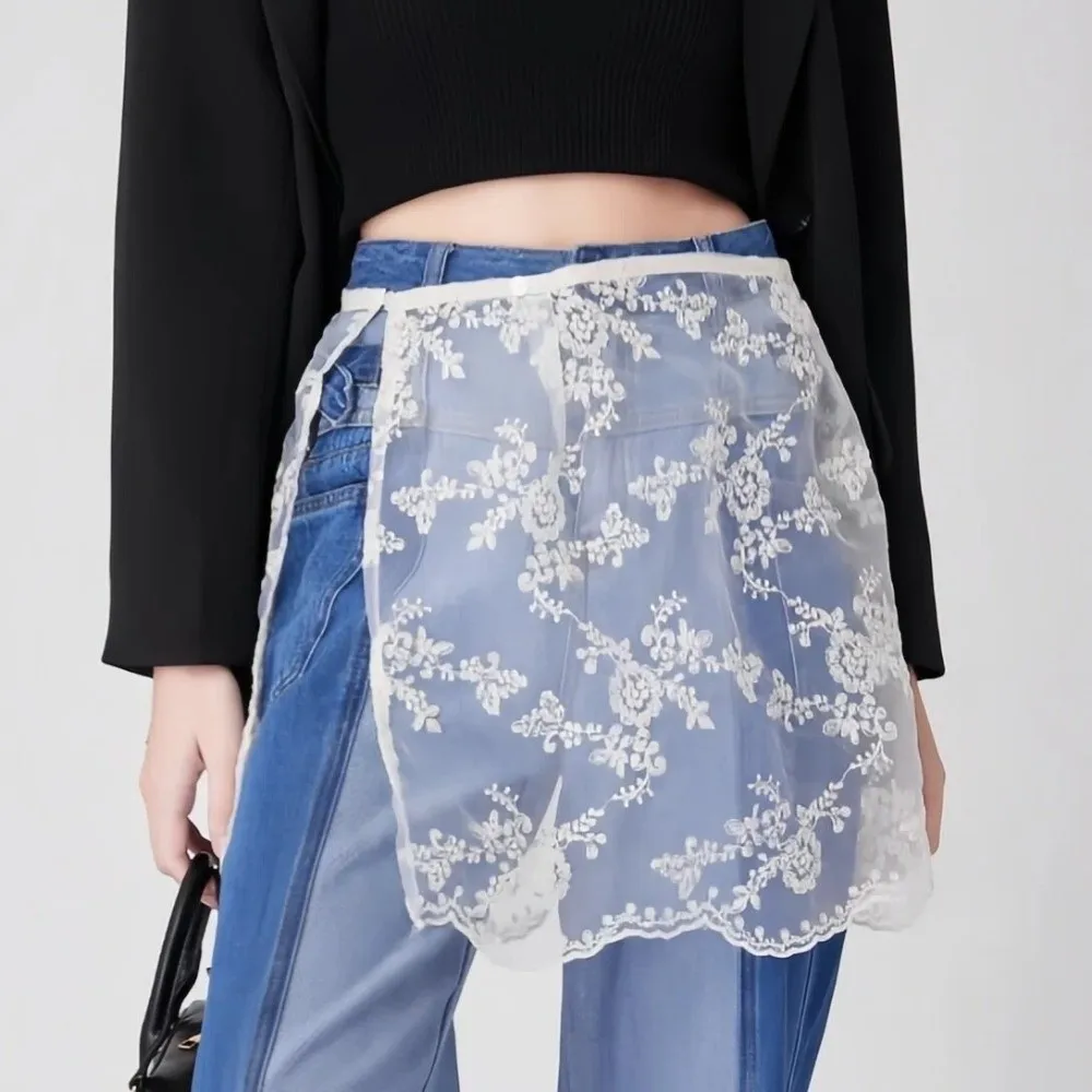 Lace Gauze Fake Skirs Matching Pants Dress Floral Embroidery Half Body Gauze Skirt Streetwear Y2k Wrap Butt Curtain Women