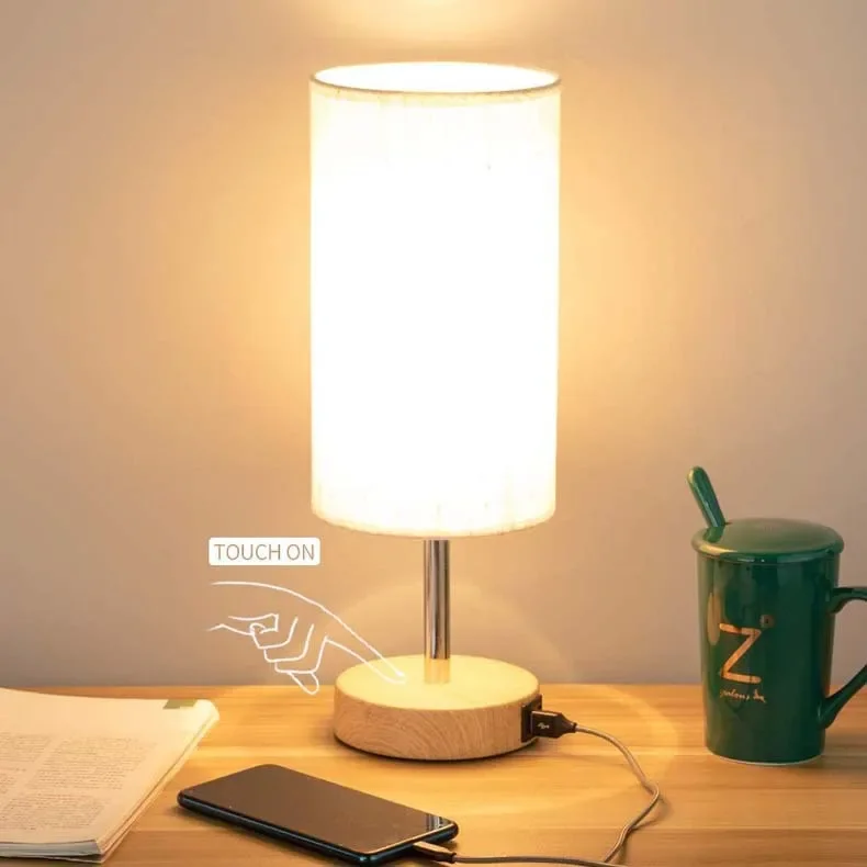 Modern Minimalist Imitation Wood Grain Base Fabric Lampshade Dual USB Ports Bedside Touch Three Level Dimming Table Lamp