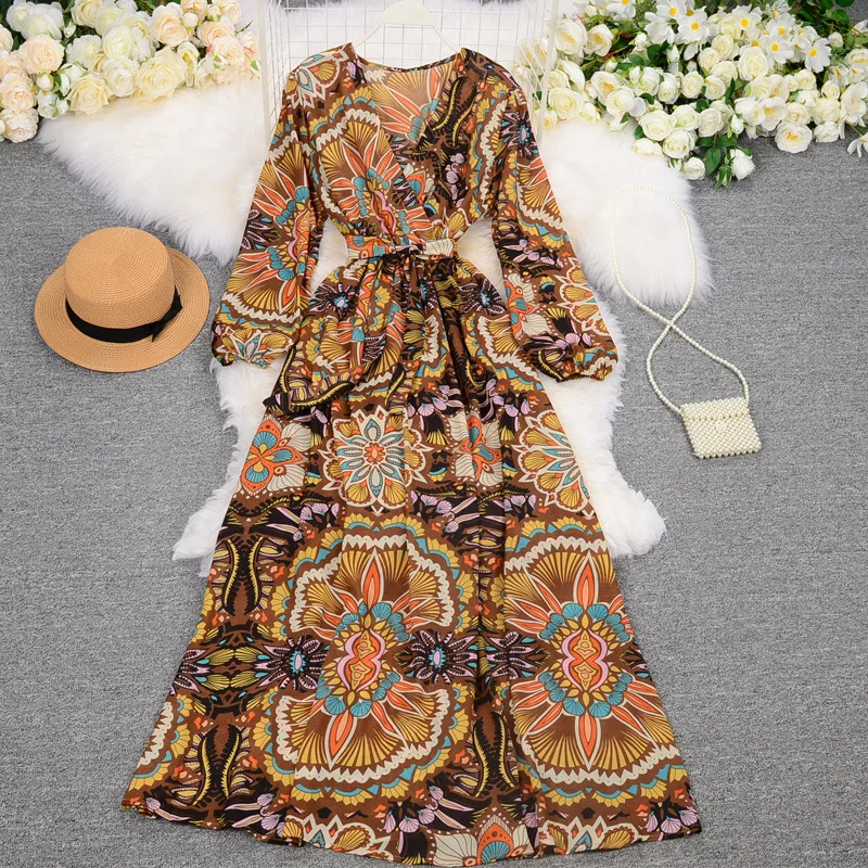 

Boho Vintage Printed National Style Holiday Long Dress Women 2021 Autumn Casual Elegant Party Club Maxi Dresses Vestido De Mujer