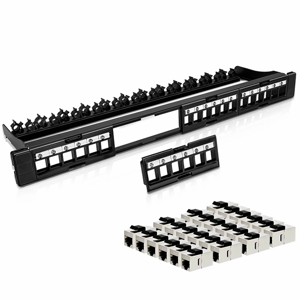 Panel krosowy ZoeRax 24-portowy, nieekranowany, z złączami Cat7, Cat6A, Cat6, Cat5E, wymiennymi wkładkami, 19-calowy/1U panel krosowy sieciowy. — zdjęcie produktu 7