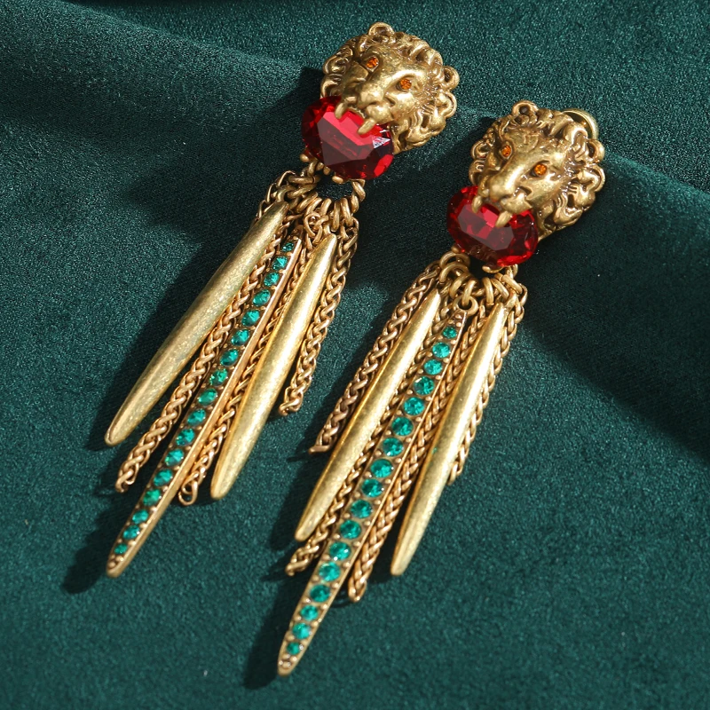 

Vintage Large Lion Head Red Drop Tassel Earrings Long Gold Color Green Rhinestone Luxury Chinese Style New 2026 Gift accessories
