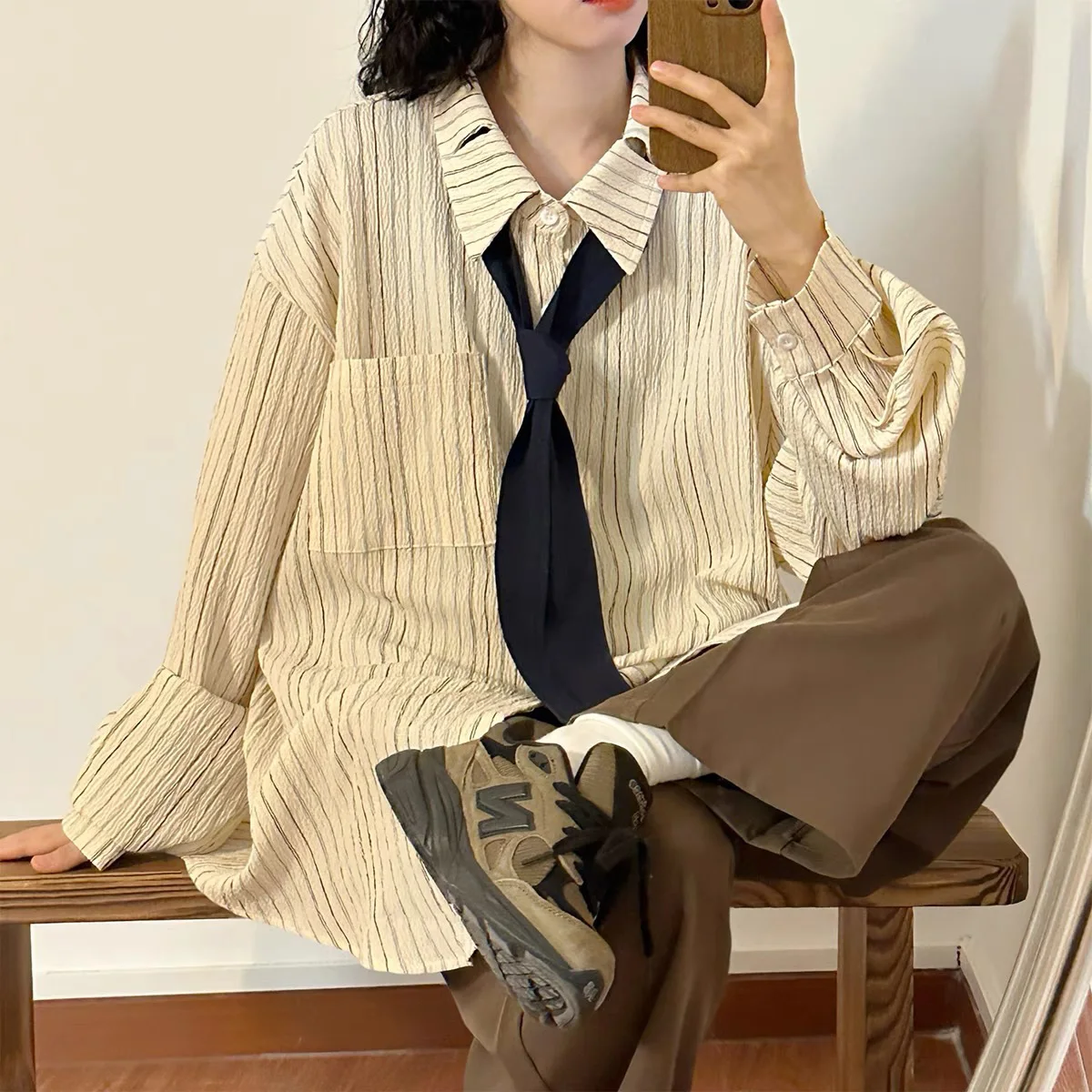 

Long Sleeve Shirts Womens Chiffon Blouse Ruffled Slim Fit Romantic Lace-Up Feminine Sweet Korean Style Elegant Wear
