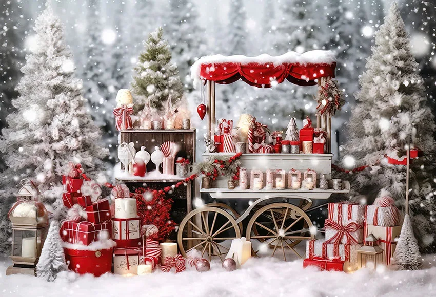 Mehofond Christmas Cart Backdrop for Hot Cocoa Party Kids Portrait X-mas Snow Forest Pine Trees Glitter Photo Background Studio