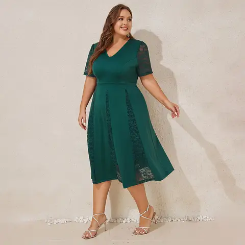 Plusstorlekar Dam Elegant Enfärgad Spets V-ringad Puffärm A-linjeformad Midiklänning Dam Fest Cocktail Kväll Balklänning Storlek 0XL-5XL 8 best sales middagsklänning för plus size - №3