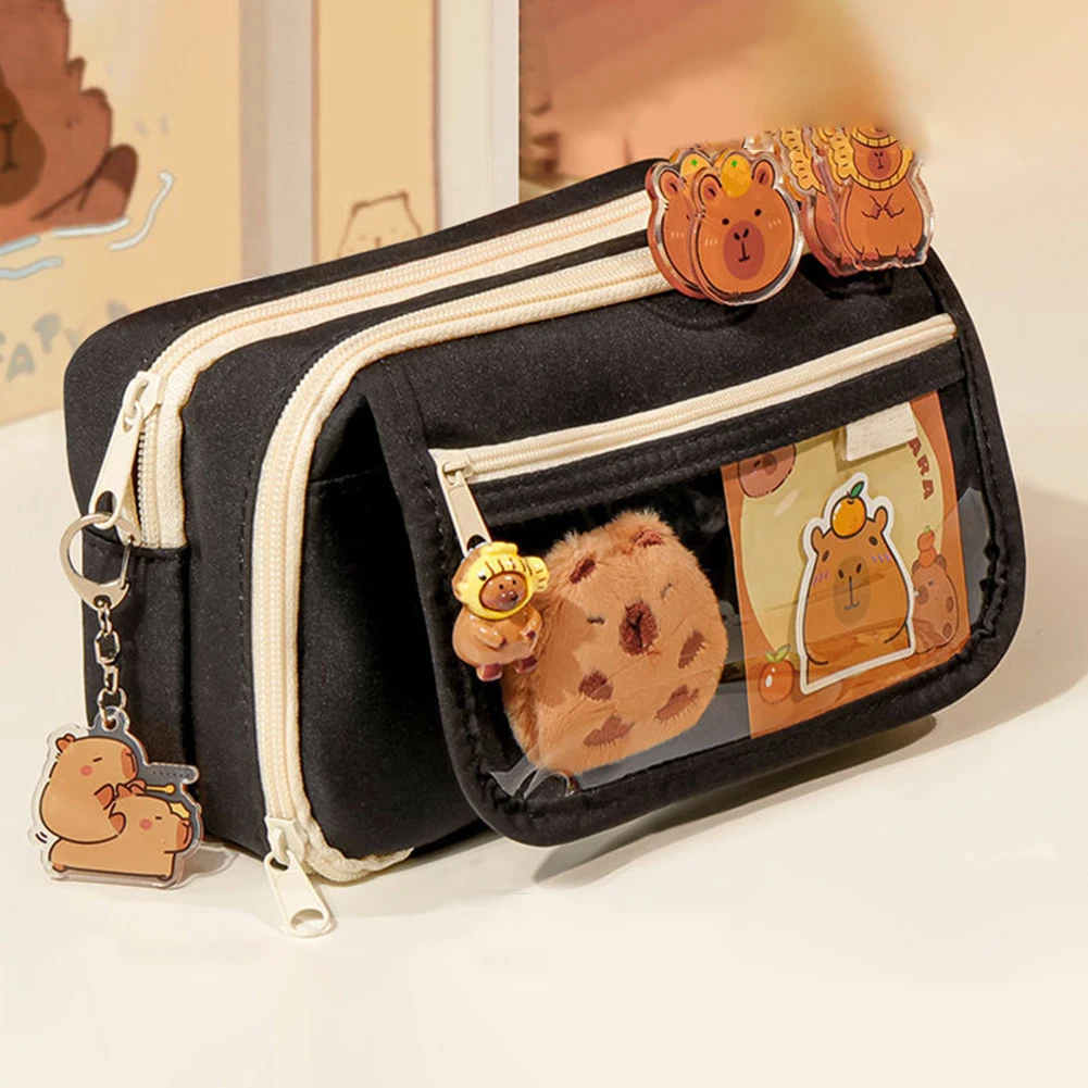 9-Layer Capybara Pencil Case with Stickers Capybara Stationery Holder Bag Canvas Stationery Storage Pouch for Kids Stationery