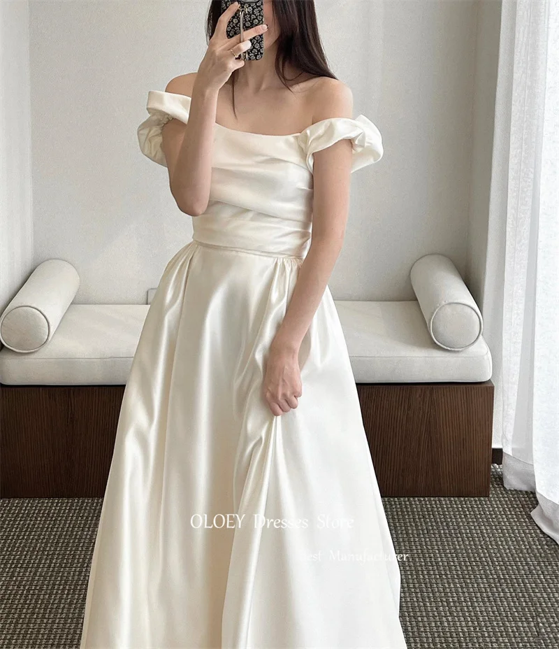 OLOEY Simple Off the Shoulder Soft Satin Korea Wedding Dresses Photo shoot Sleeves Floor Length Bridal Gowns Lace Up Back