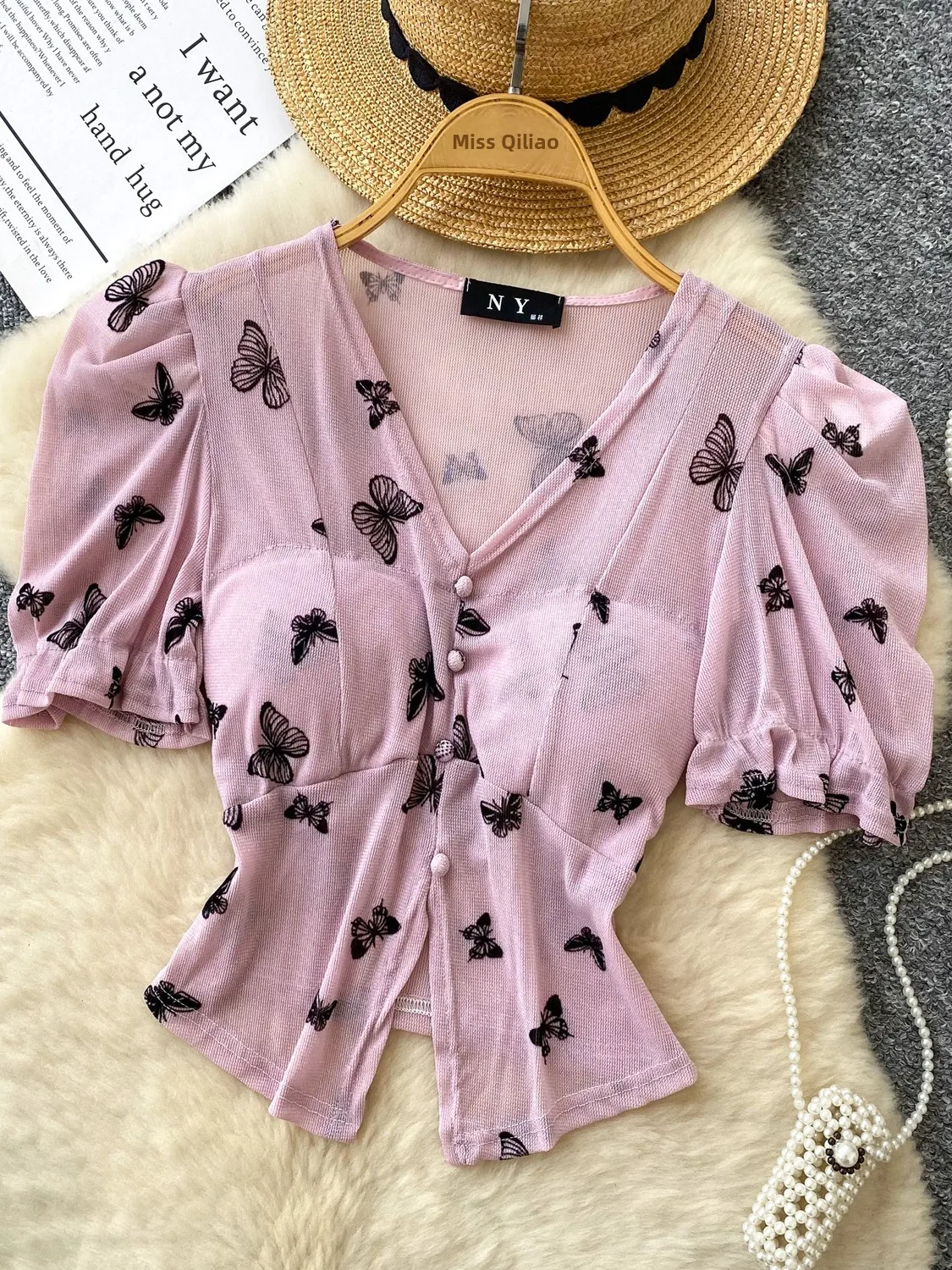 Damski top w stylu retro z nadrukiem, z wkładką w biuście, cienki, piękny, modny, koreański, casualowy.