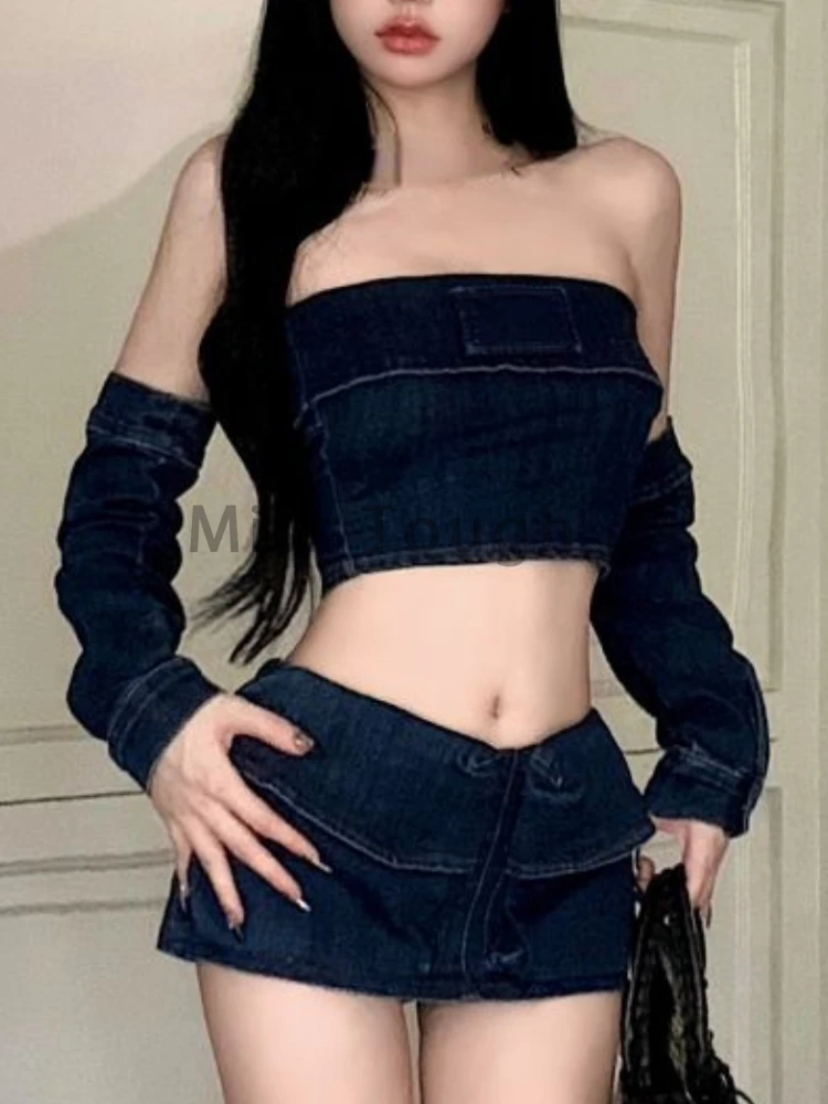 Japanese Y2K 3 Piece Set Women Summer Vintage  Sexy Denim Suit Female Zipper Cowboy Sleeves+strapless Coat+slim Corset Skirt