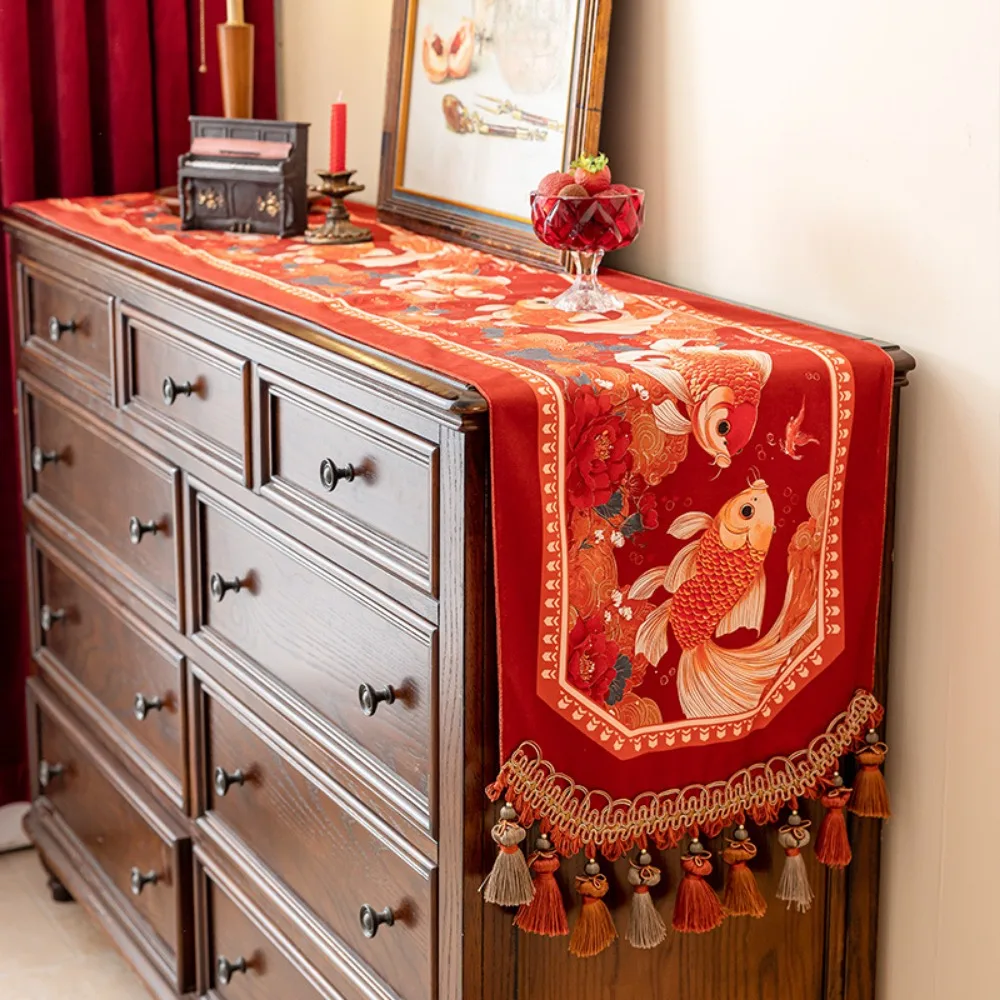 

Красная скатерть с кисточкой в виде рыбы кои для дома, кухни, обеденного стола, декор для свадебной вечеринки, роскошная длинная скатерть, чехол для шкафа, полотенце