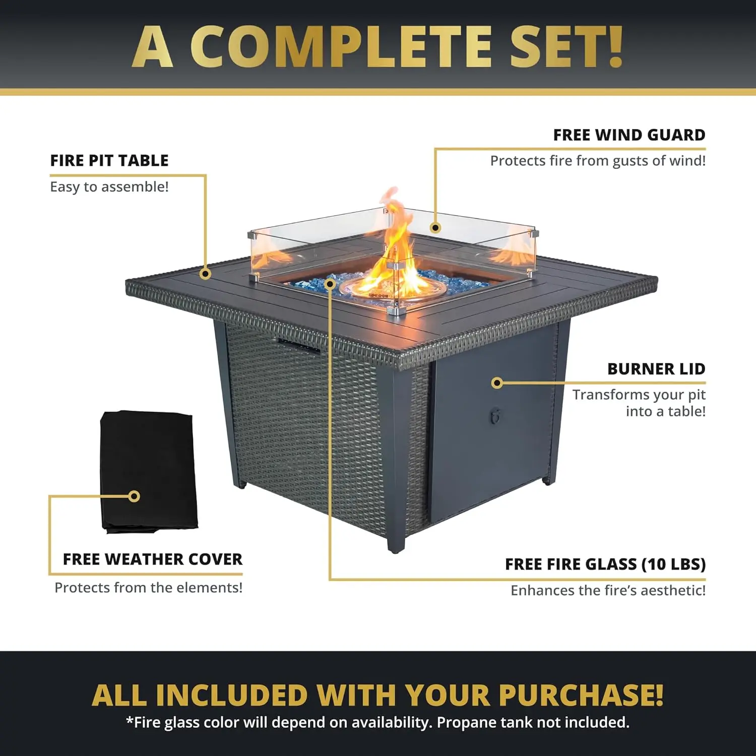 42-Inch Propane Gas Fire Pit Table, Outdoor Patio Firepit, 50,000 BTU, Includes Wind Guard & Fire Glass