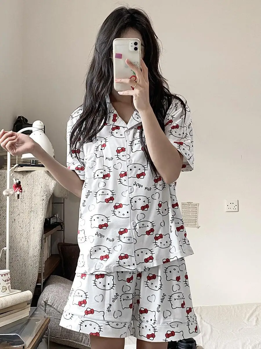 Sanrio Hello Kitty White Pajamas Set Women Shorts Short Sleeve Pijama Summer Pyjamas Kawaii Negligee Casual Nightie Home Wears