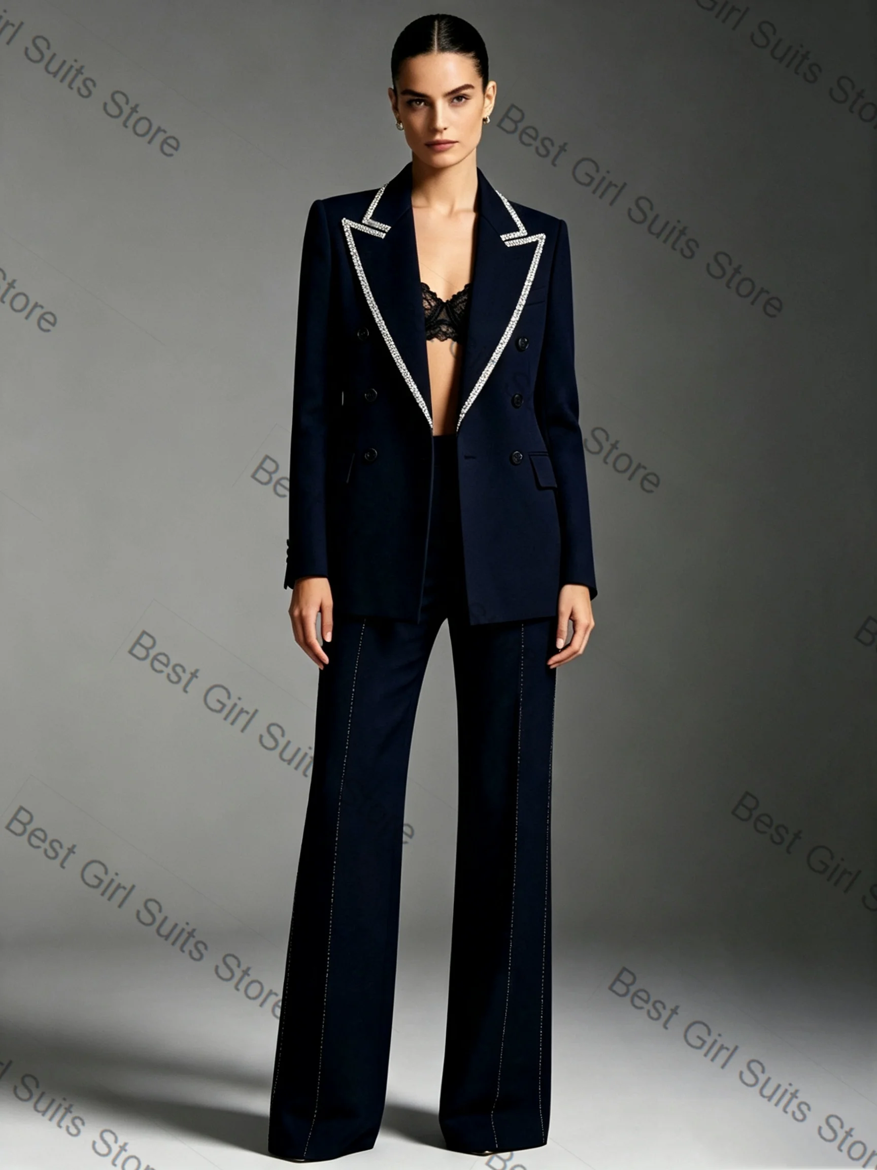 Crystals Black Women Suit Set 2 Pcs Cotton Blazer Pants Summer Spring Formal Office Lady Jacket Customized Bridal Prom Coat
