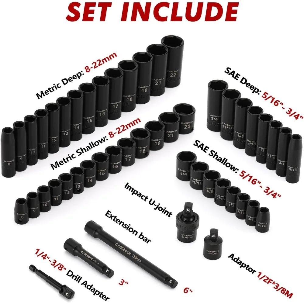 

Fumiture Sets-3/8 Inch Drive Impact Socket Set 49 Piece SAE Metric 6 Point Cr-V Steel 5/16 to 3/4 Inch 8-22mm