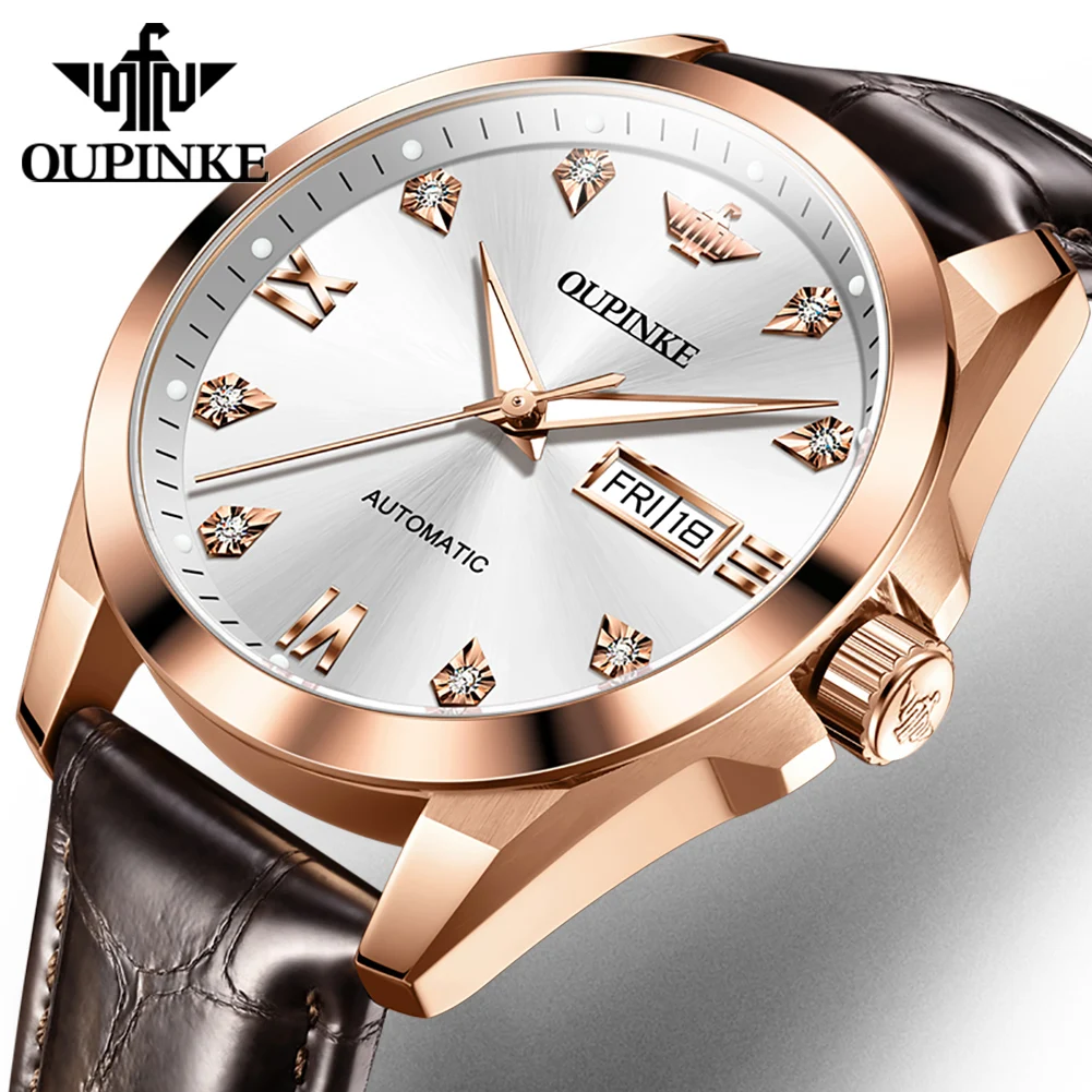OUPINKE Automatic Men's Watch Original Rose Gold Bezel Elegant Luxury Imported Mechanical Movement Man Business Wristwatch 3330