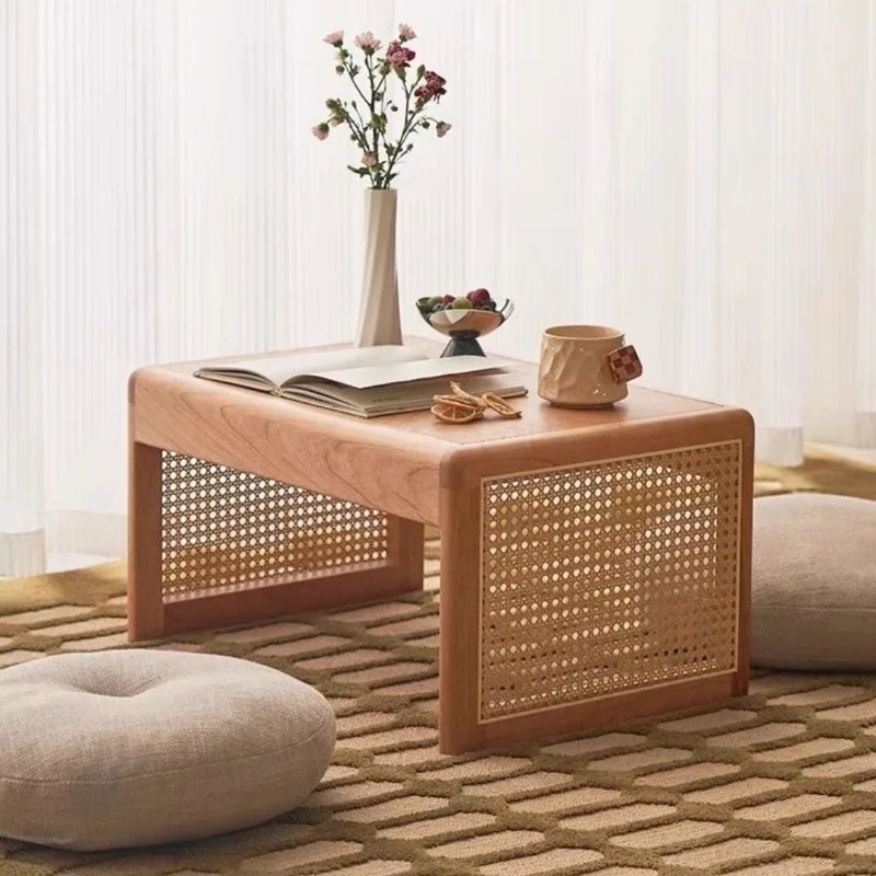 

Japanese Style Coffee Tables Solid Wood Rattan Tea Drinking Low Table Living Room Bedroom Side Tables Bay Window Laptop Stand