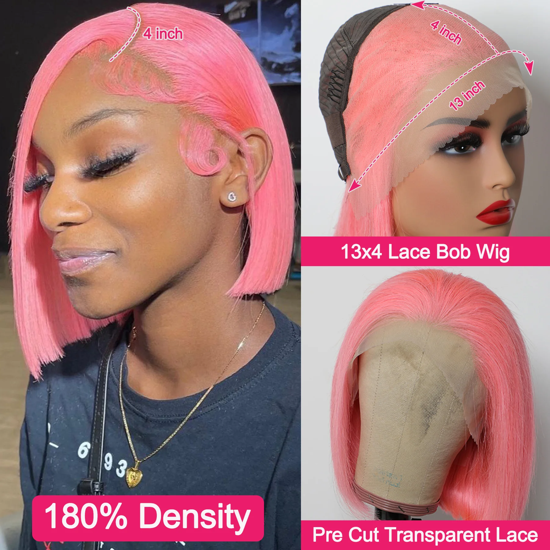 Pink Bob Wig Human Hair 13x4 Transparent Lace Front Human Hair Wigs Pre Plucked Brazilian Remy Human Hair Short Straight Bob Wig